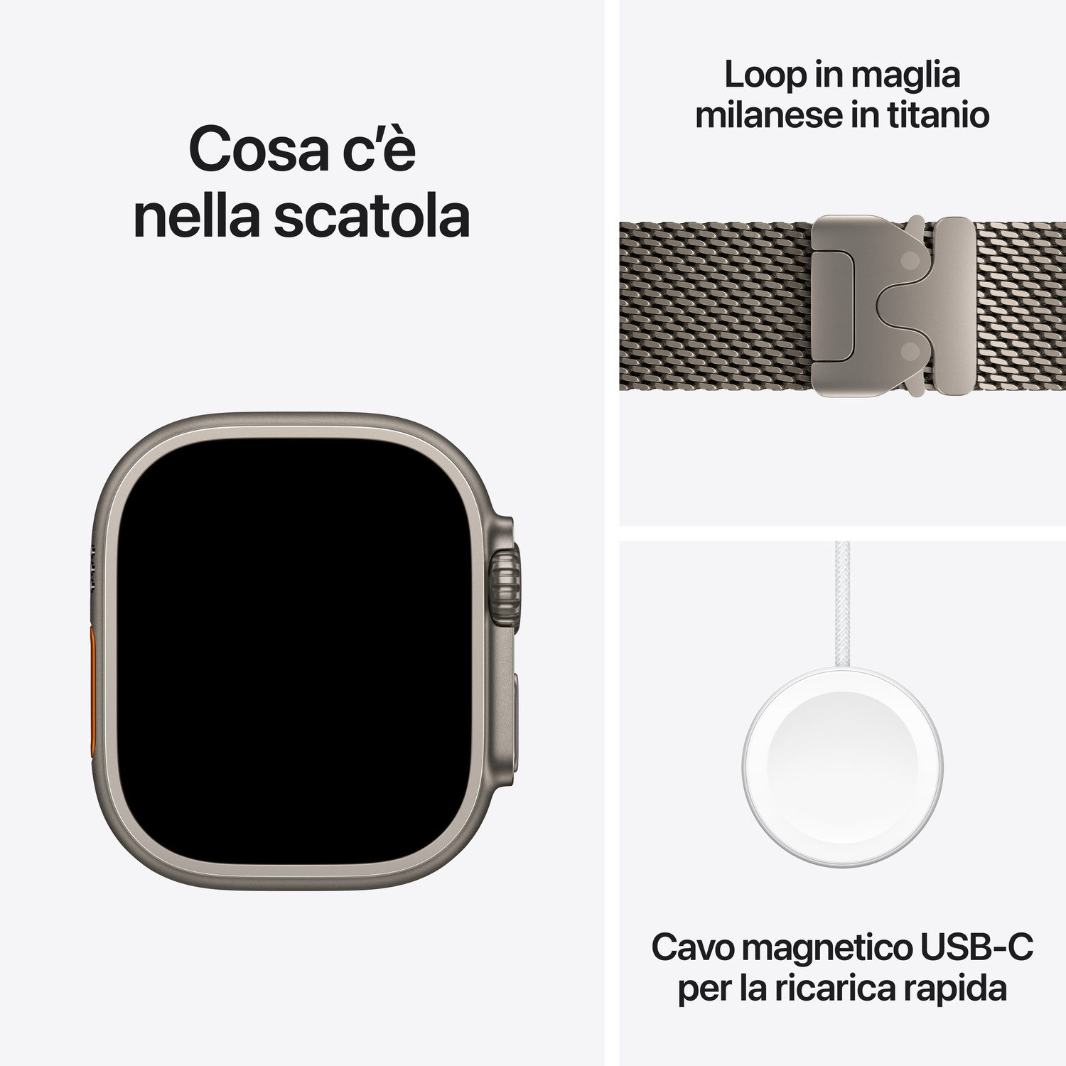 Panoramica del prodotto con cinturino in titanio, cavo di ricarica USB-C e smartwatch.