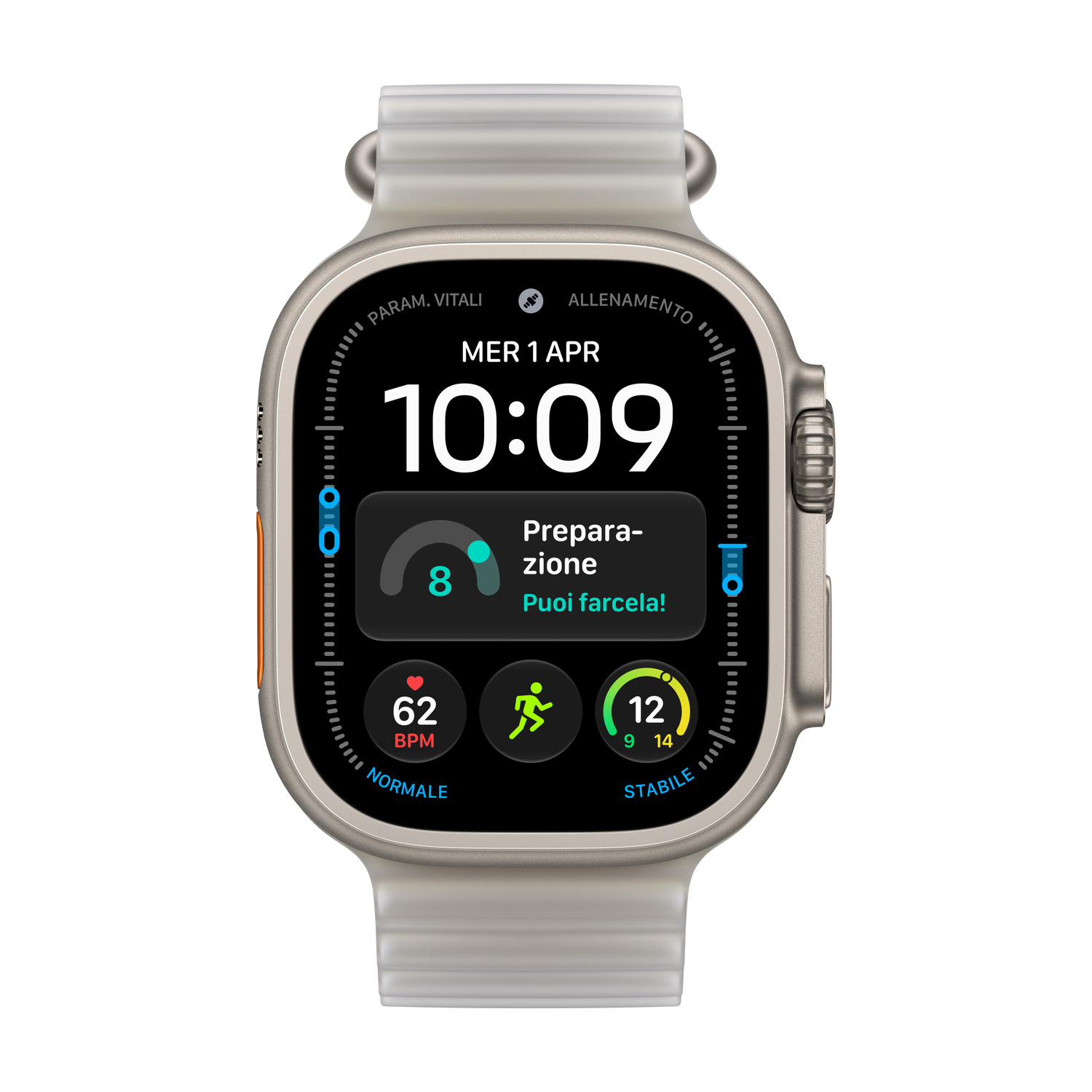 Uno smartwatch con quadrante digitale mostra l'ora 10:09, la data e i dati di fitness.