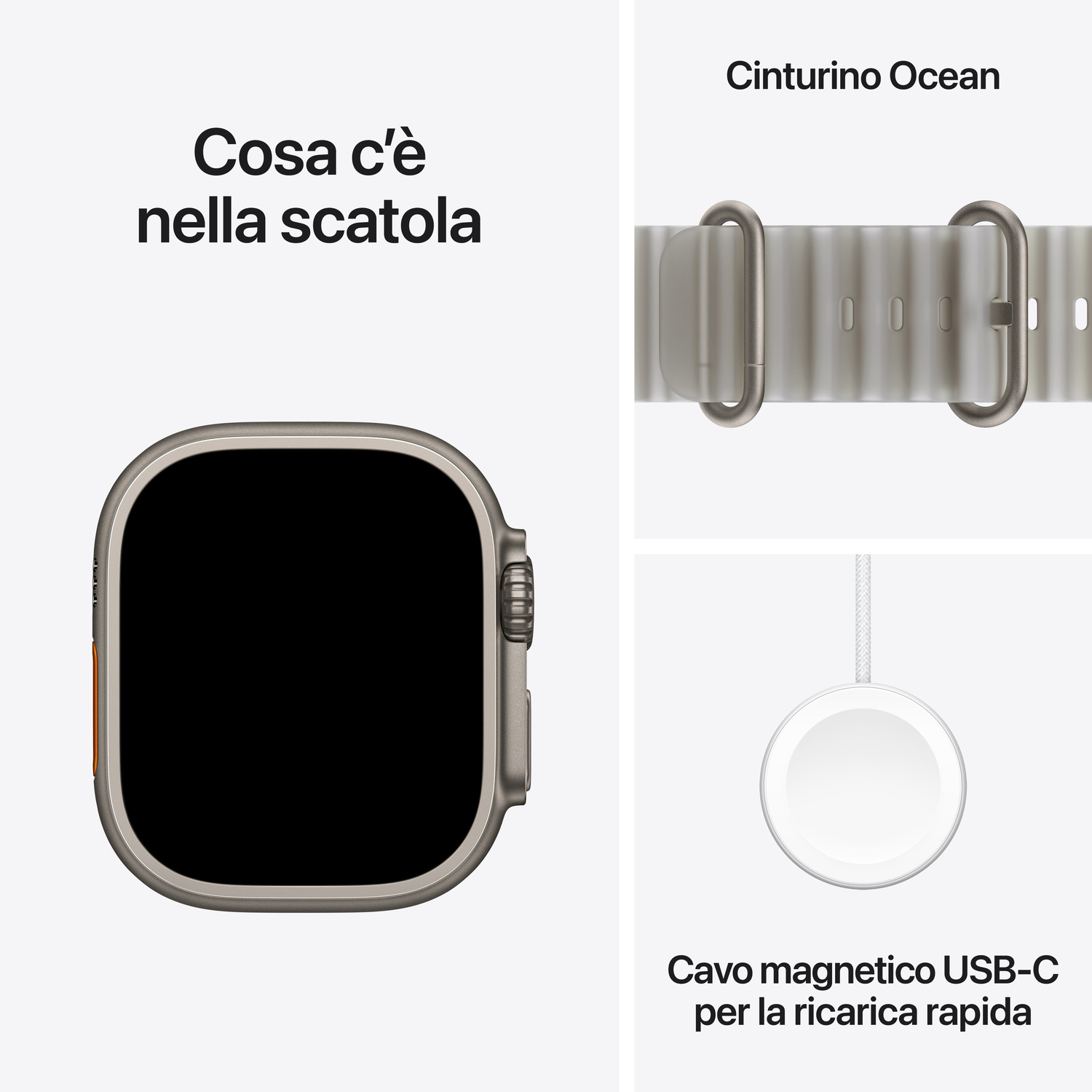 Un Apple Watch Ultra con cinturino Ocean e cavo di ricarica rapida USB-C su sfondo bianco.
