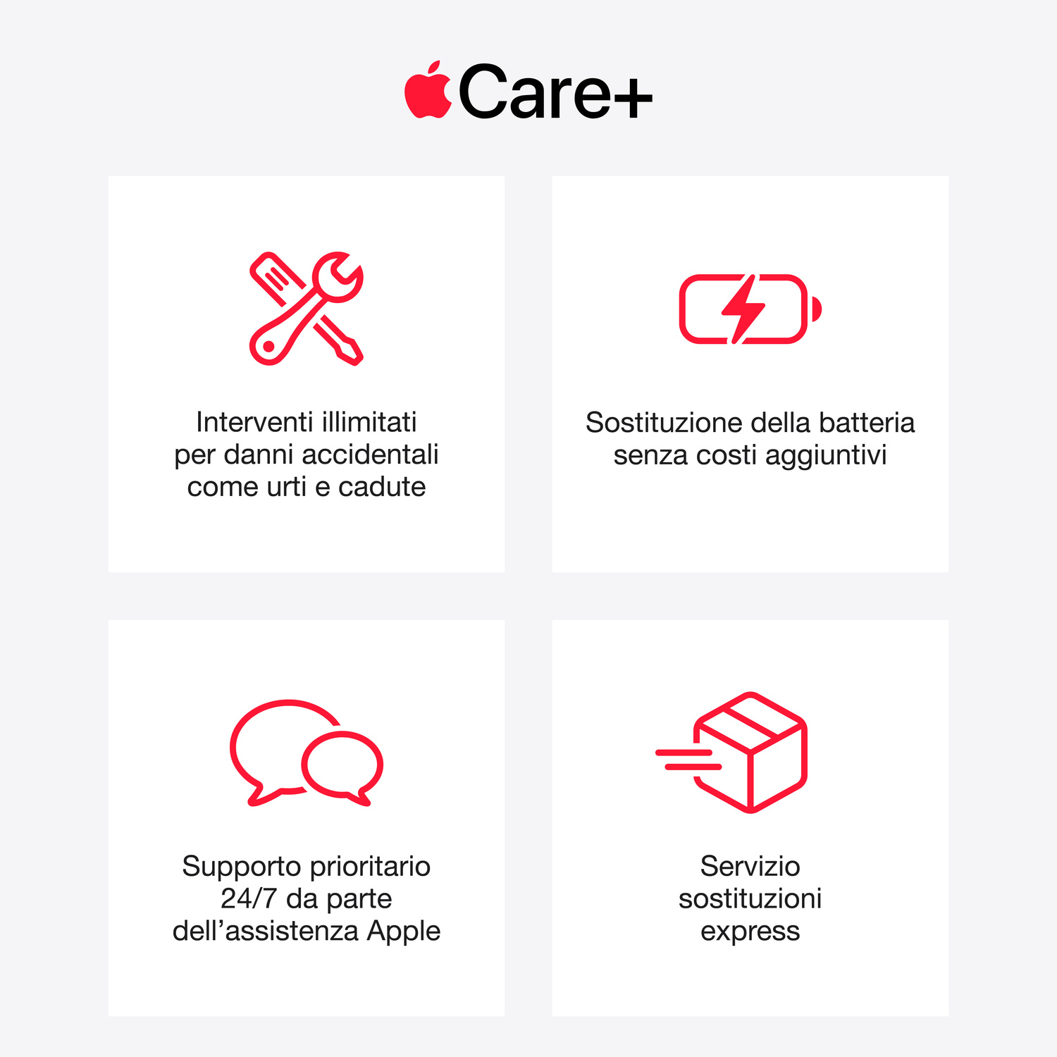Vantaggi di AppleCare+: riparazioni, sostituzione batteria, supporto 24/7 e servizio express.