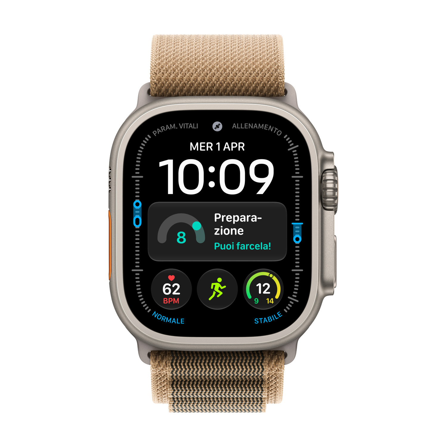 Smartwatch con cinturino in tessuto beige e display digitale che mostra ora, battito cardiaco e stato di allenamento.
