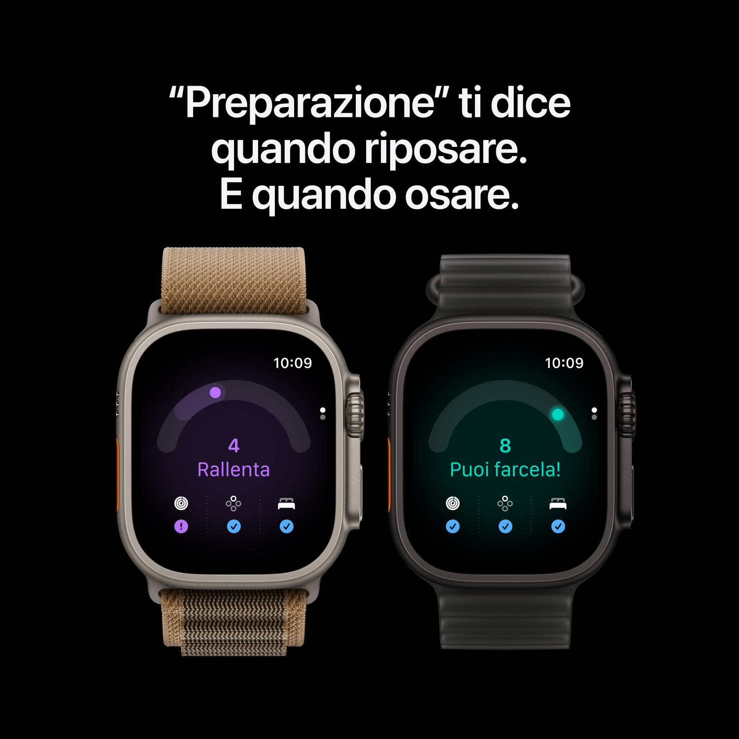 Due smartwatch mostrano metriche di salute con testo in italiano su sfondo nero.