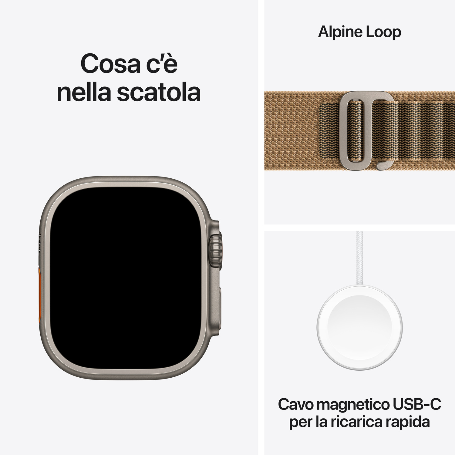 Contenuto di Apple Watch Ultra con cassa, cinturino Alpine Loop marrone e cavo di ricarica rapida USB-C.
