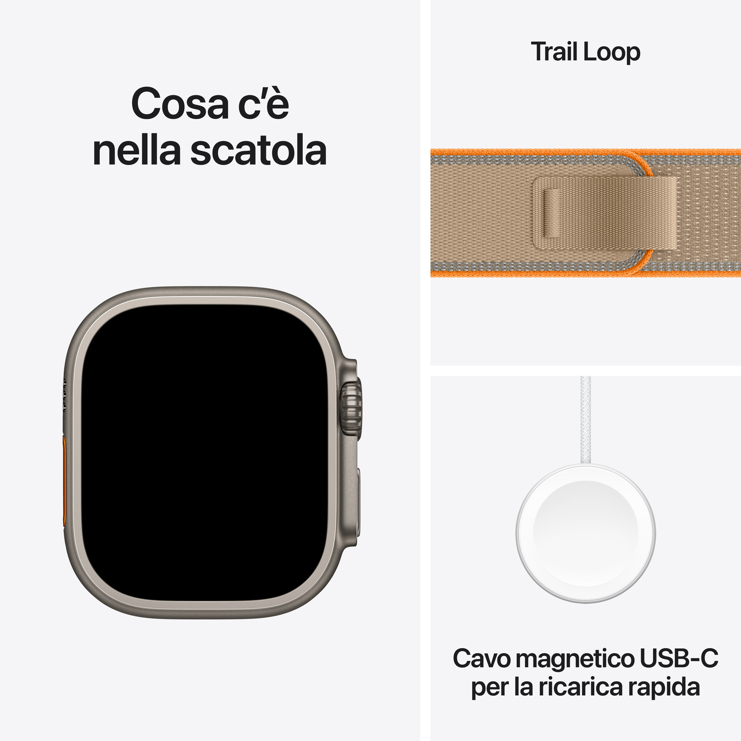 Apple Watch Ultra con cinturino Trail Loop e cavo magnetico USB-C per ricarica rapida.
