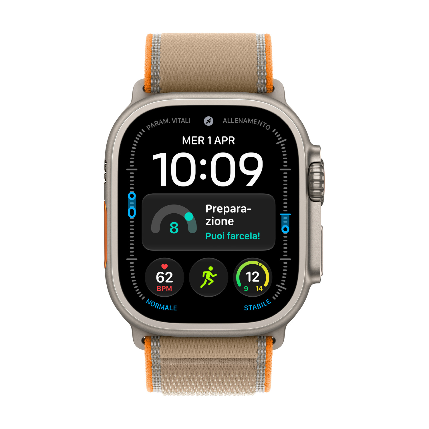 Uno smartwatch con cinturino in tessuto beige e display nero mostra l'ora e i dati di attività.