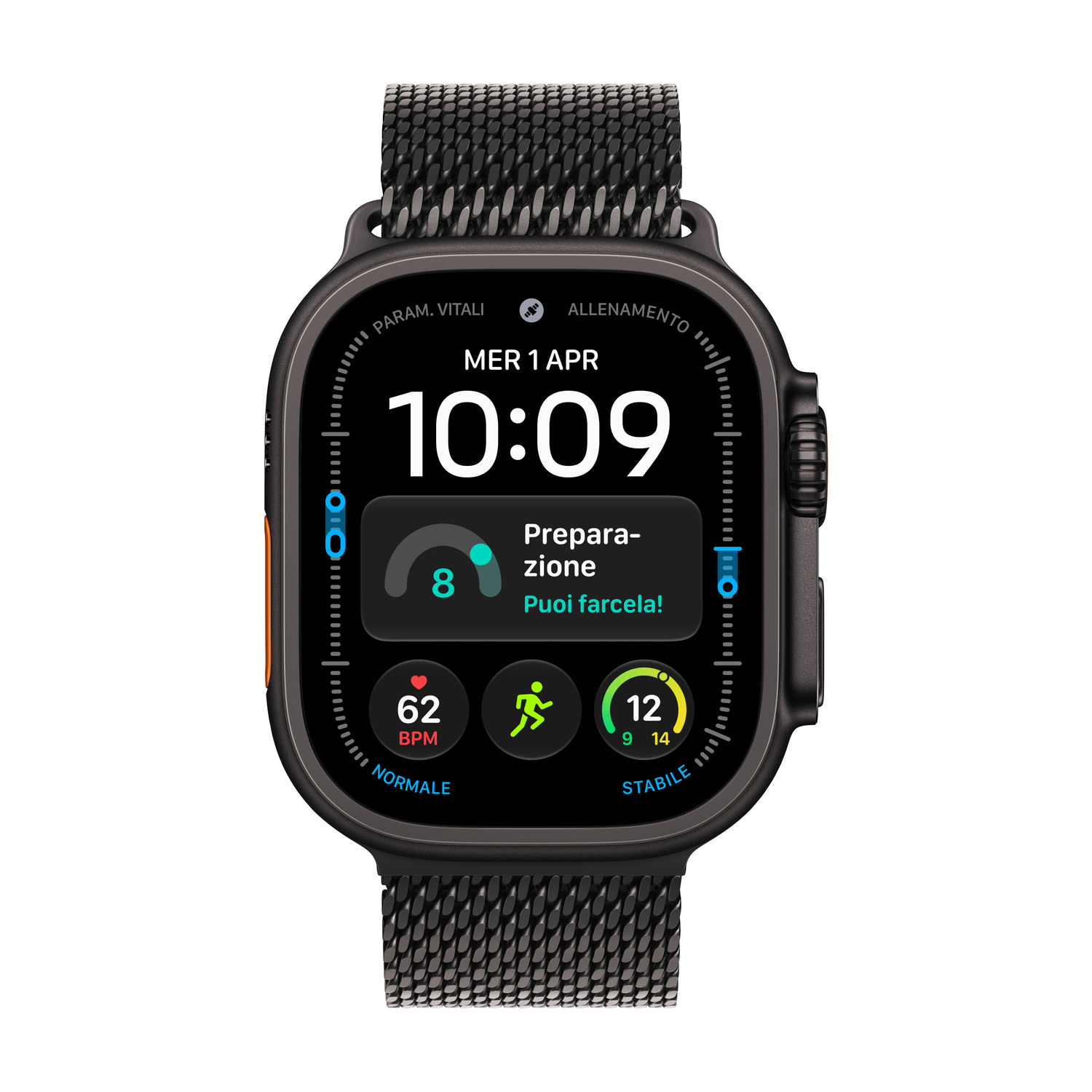 Smartwatch nero con cinturino in metallo mostra ora digitale, frequenza cardiaca e dati di fitness.