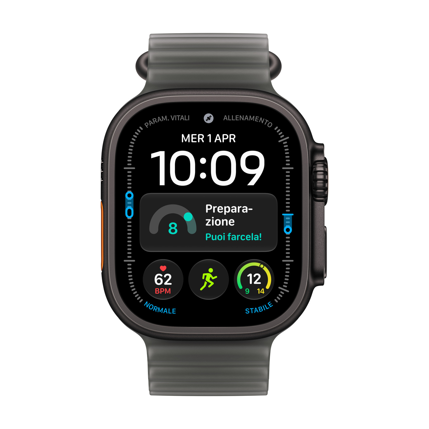 Uno smartwatch grigio con quadrante digitale che mostra ora, frequenza cardiaca e dati di attività su sfondo nero.