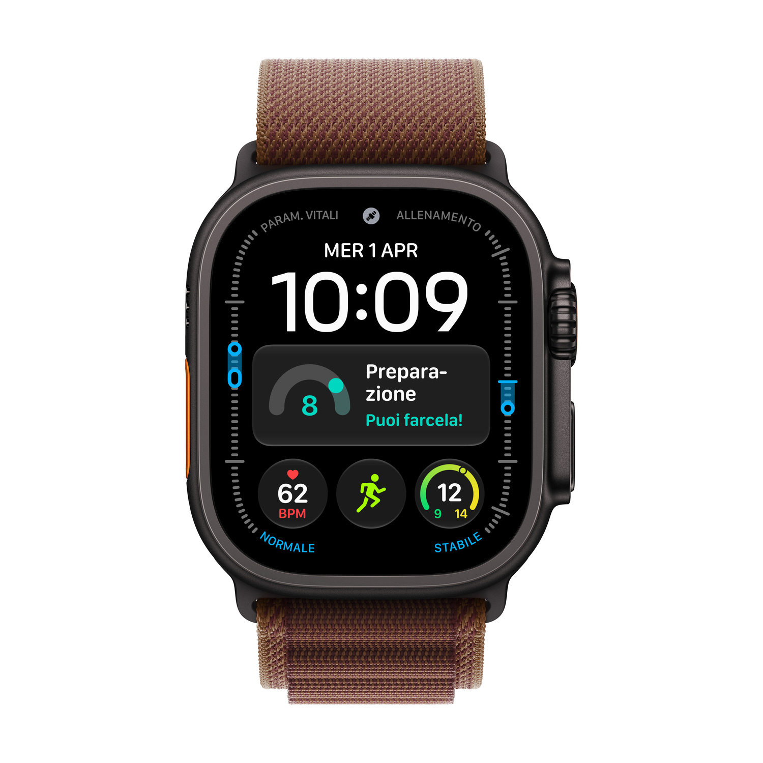 Uno smartwatch nero con cinturino in tessuto marrone mostra un quadrante digitale con dati di fitness.