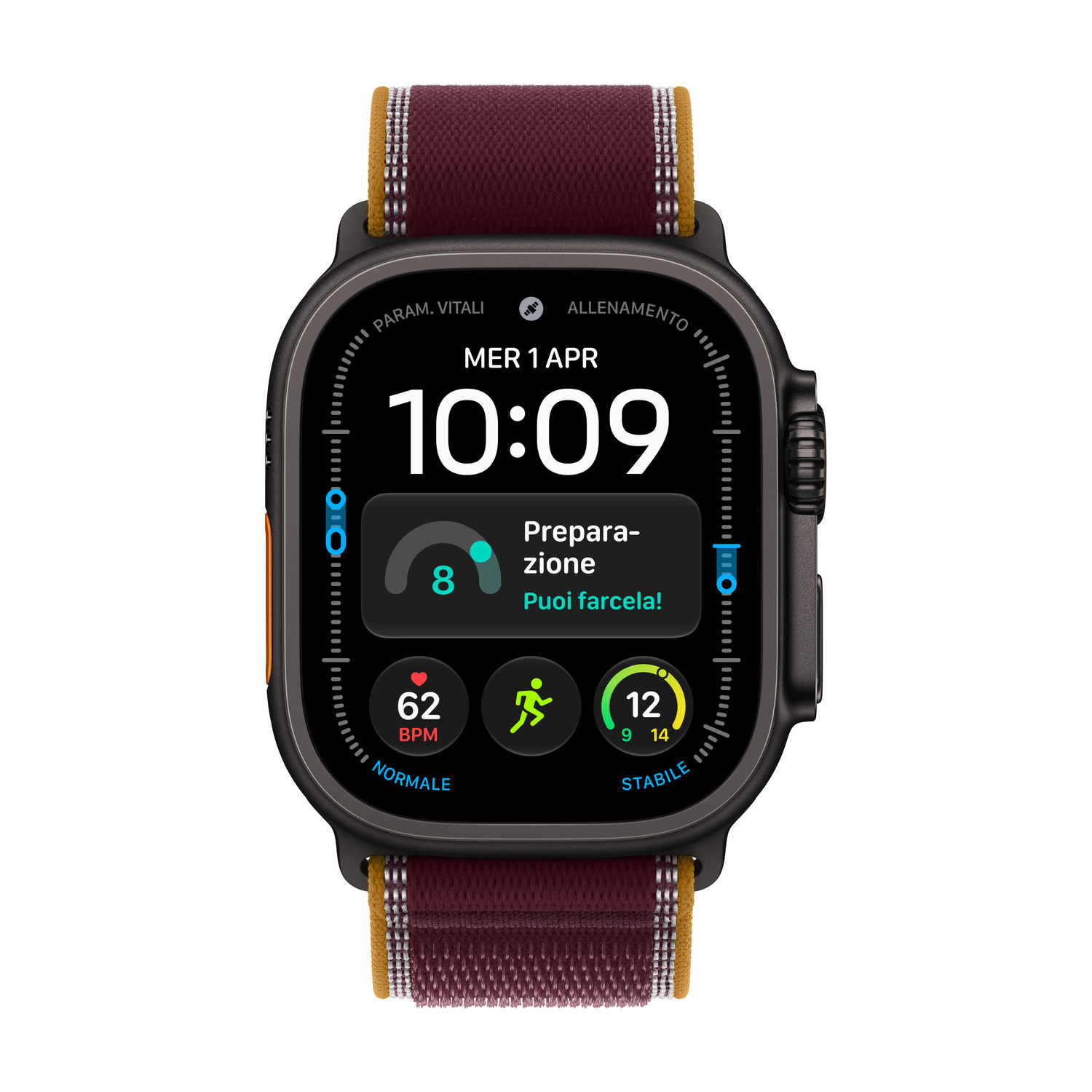 Uno smartwatch nero con cinturino in tessuto rosso scuro mostra la data, l'ora 10:09 e dati di fitness sullo schermo.