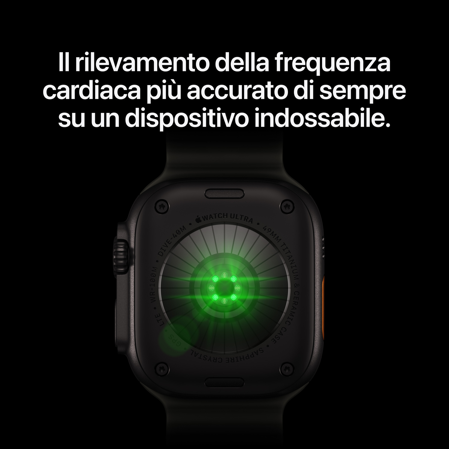 Retro di un Apple Watch Ultra con sensori di frequenza cardiaca verdi.
