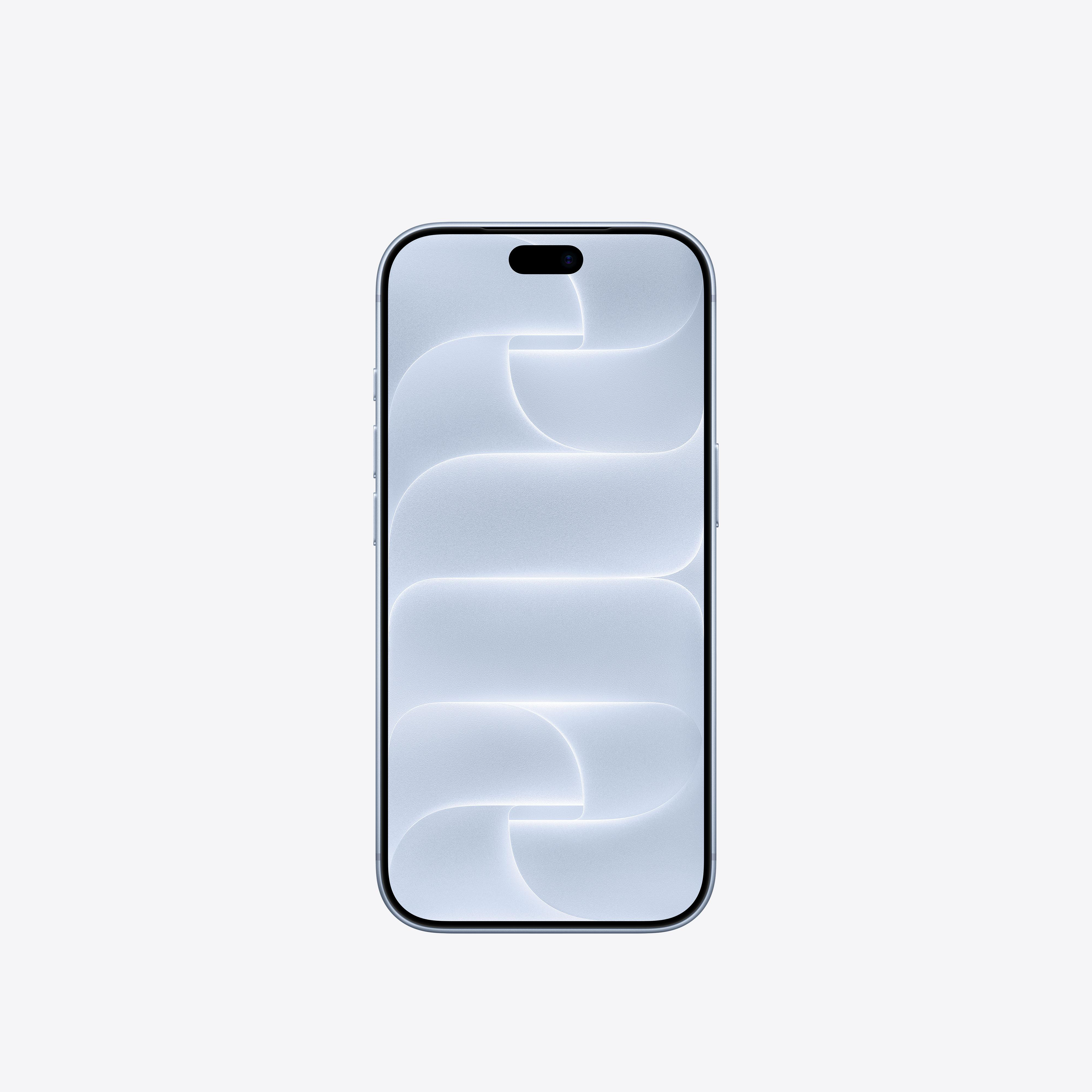 Ein Smartphone mit hellblauem, strukturiertem, abstrakten Hintergrund auf weißem Grund.