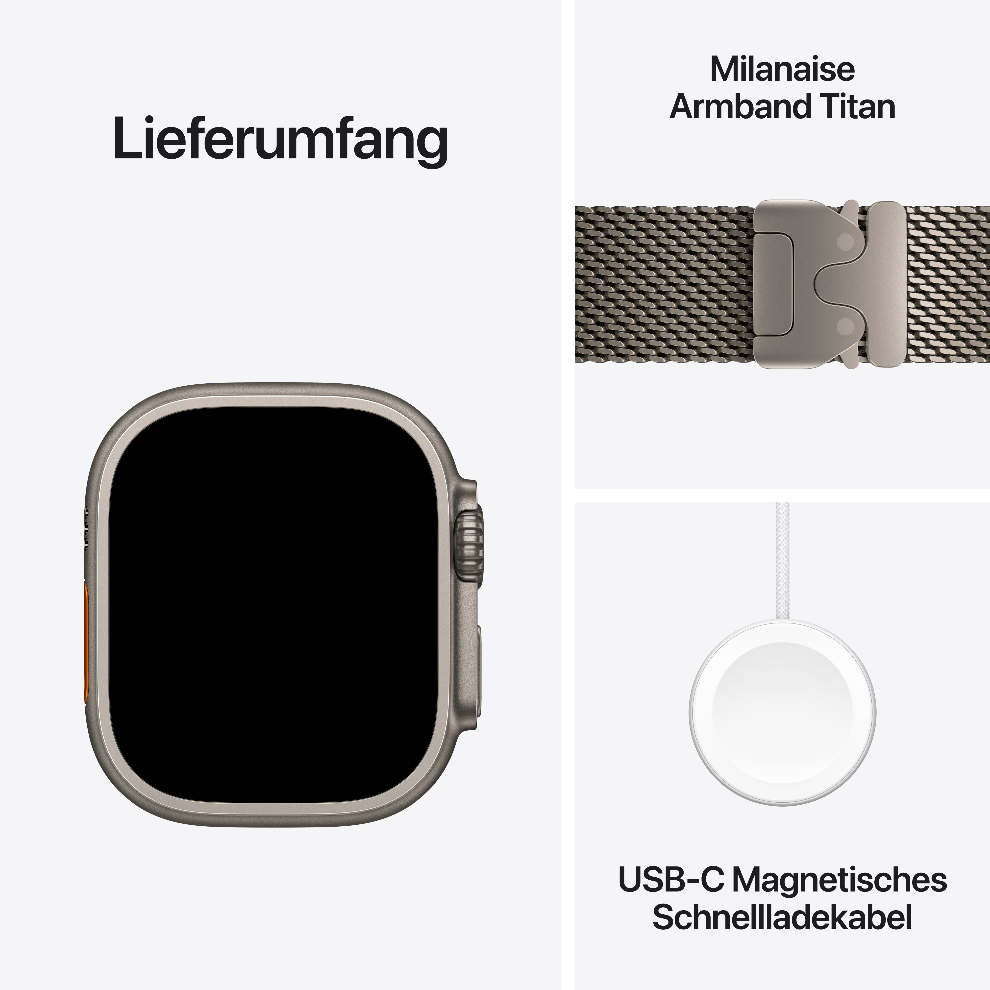 Smartwatch mit Milanaise-Armband aus Titan und magnetischem Schnellladekabel auf weißem Hintergrund.