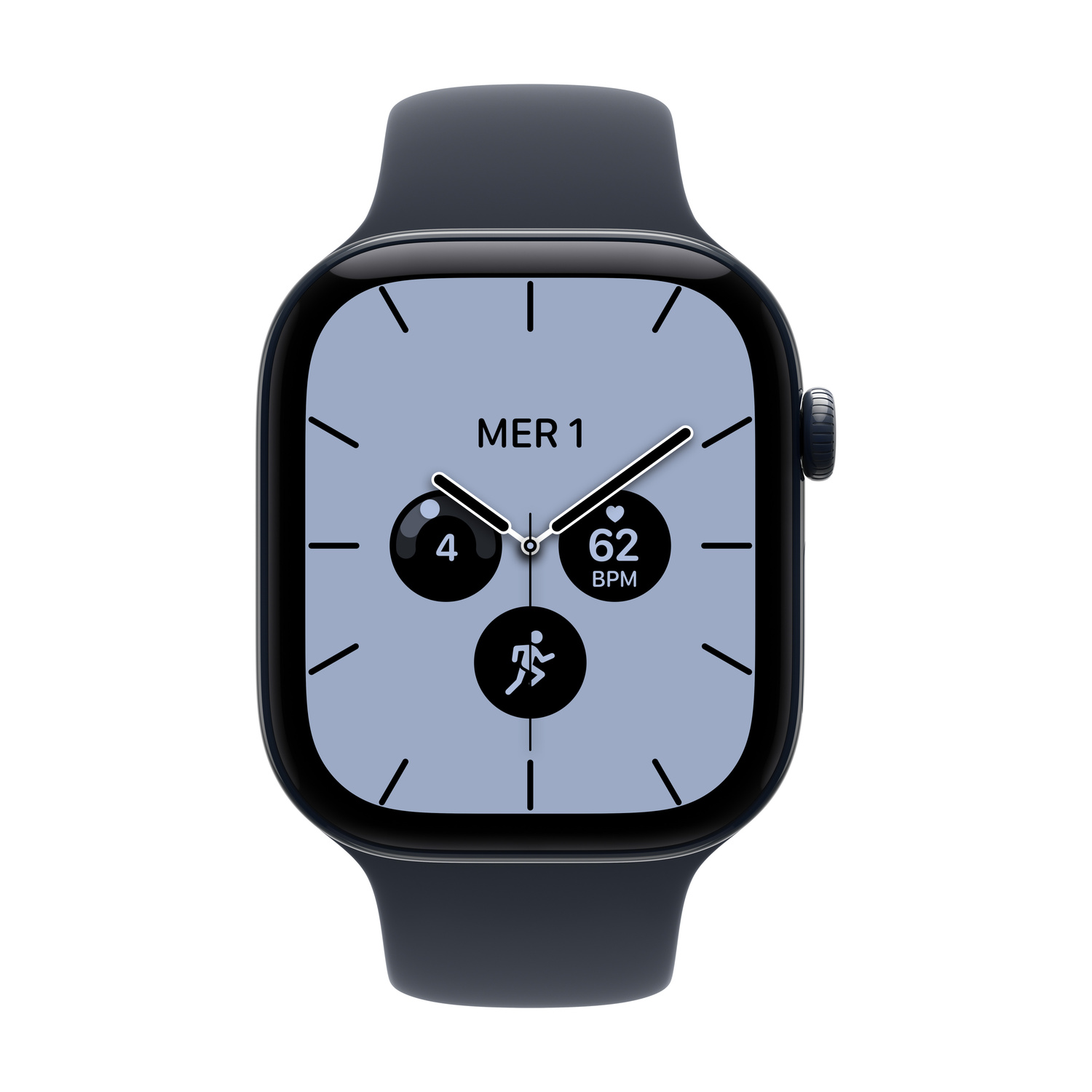 Uno smartwatch nero con quadrante grigio, cardiofrequenzimetro e icona fitness su sfondo bianco.