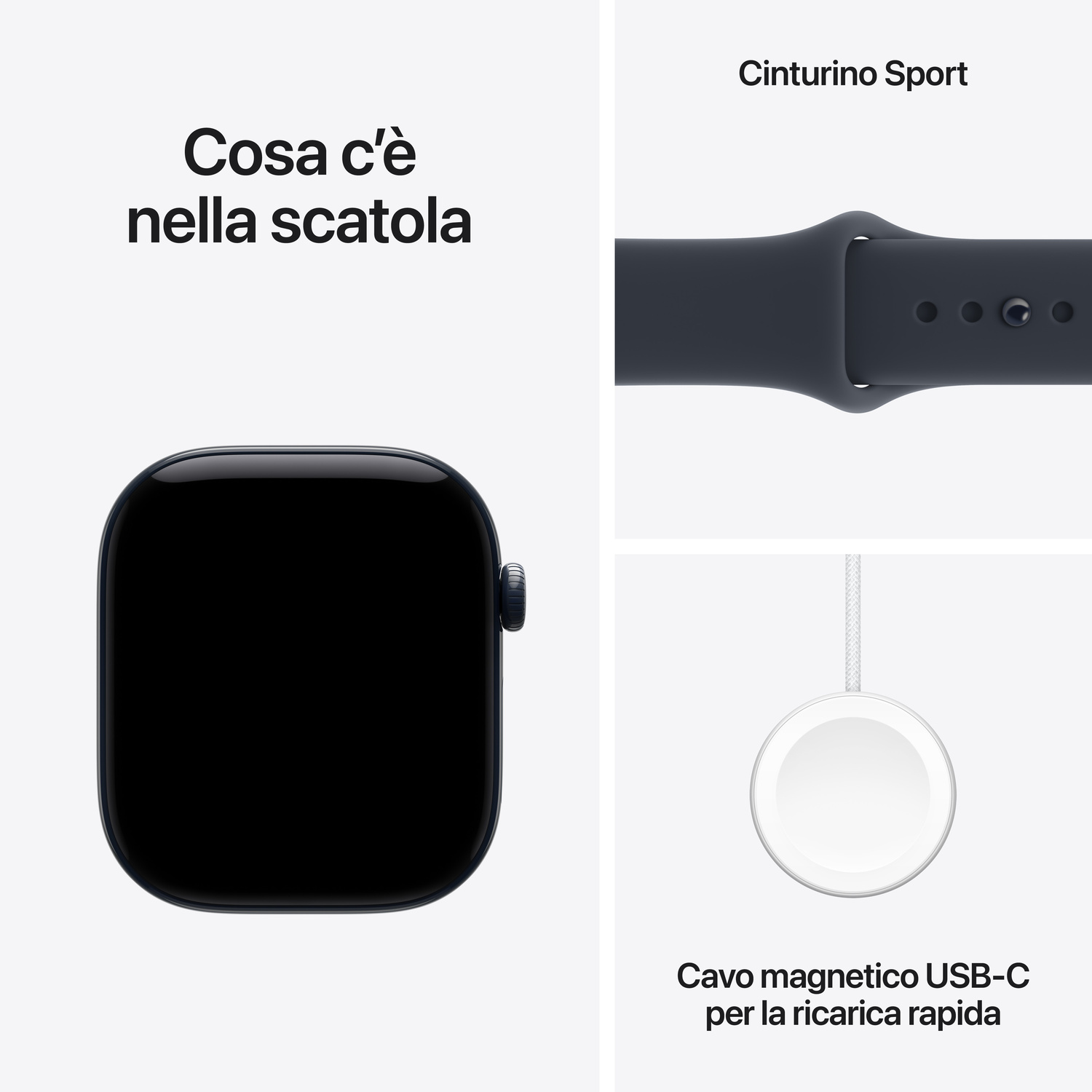 Contenuto della confezione: corpo dello smartwatch, cinturino sportivo e cavo di ricarica magnetica USB-C.