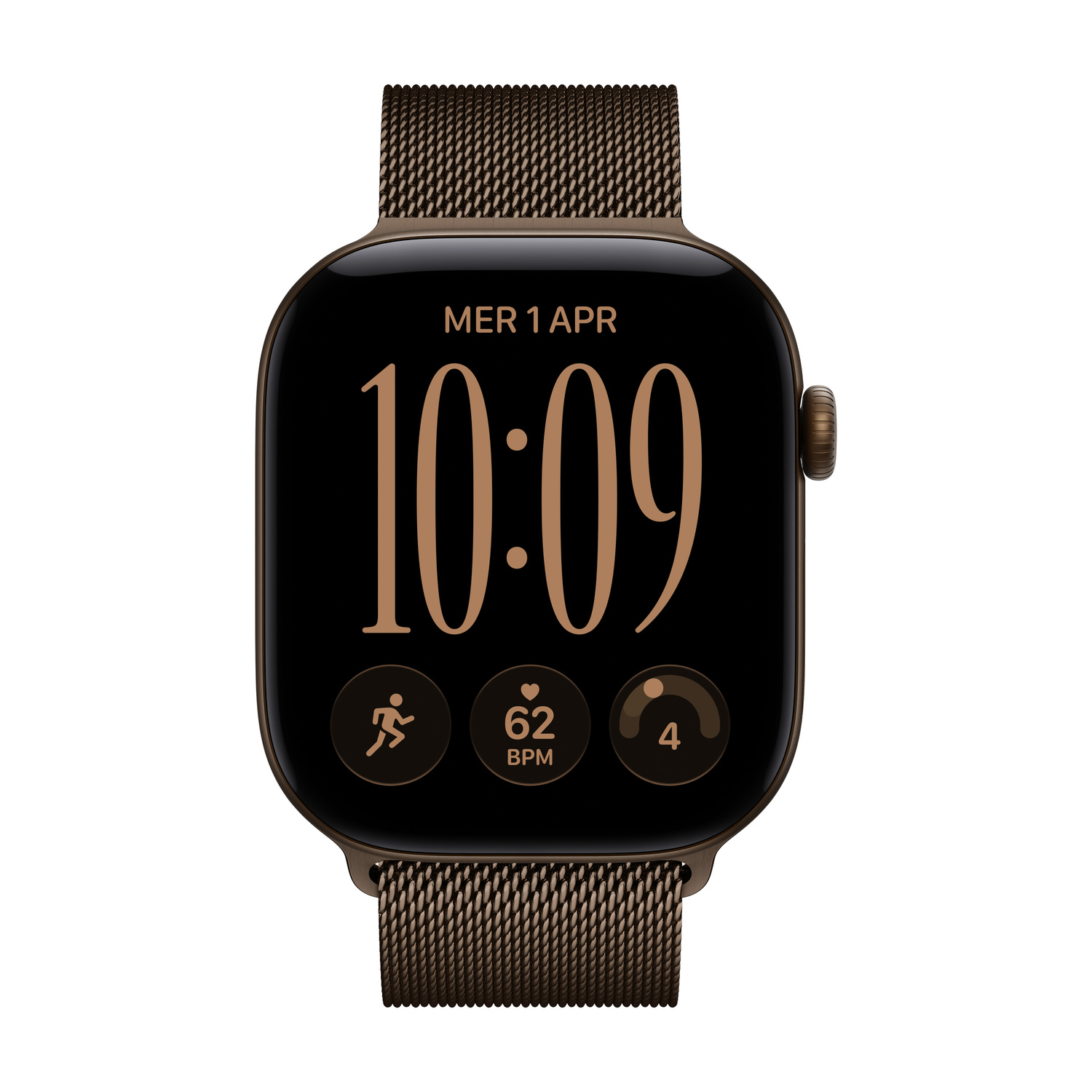 Smartwatch marrone con cinturino in metallo, ora 10:09 e icone di attività su schermo nero.