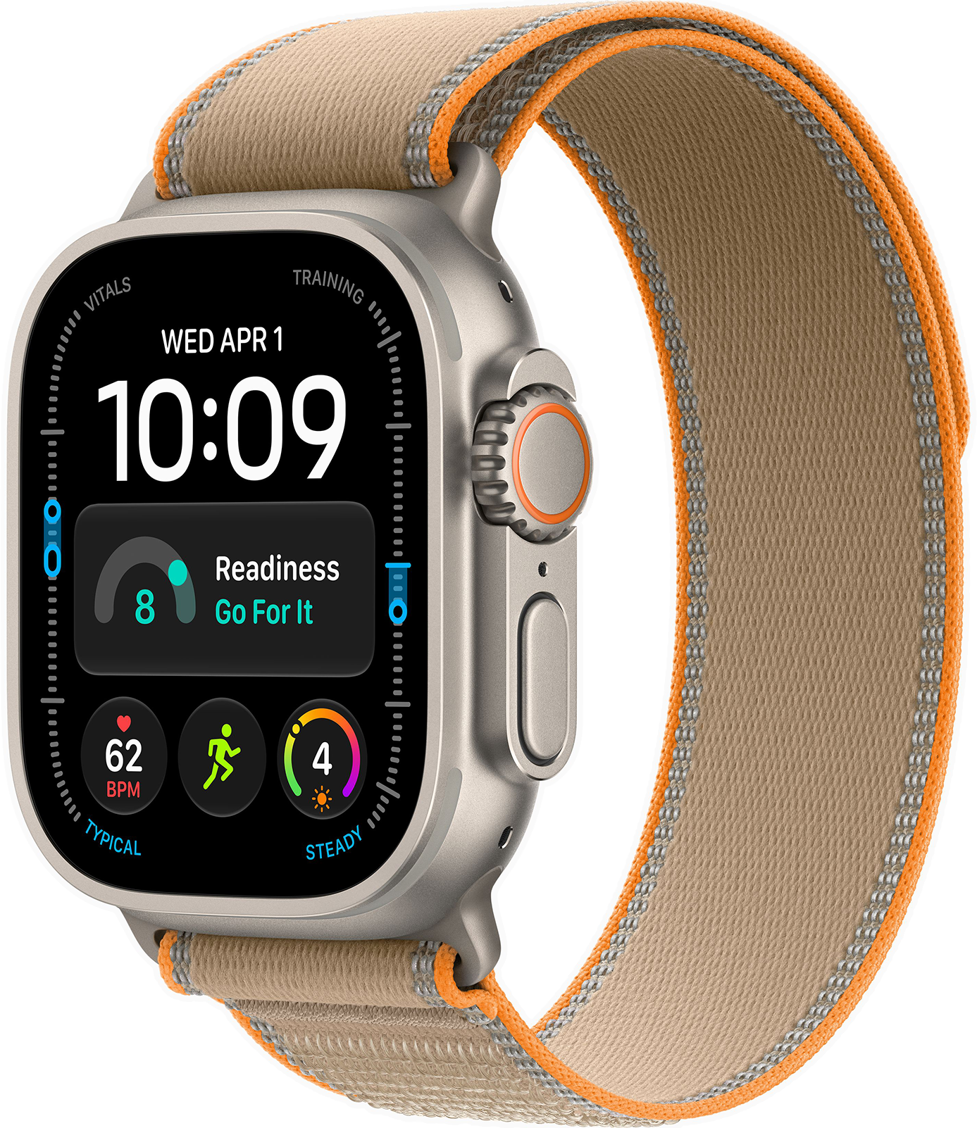 APPLE Watch Ultra 4 GPS+Cellular, 49mm-es natúr titántok, homokszín terep pánt, M-L (MJAQ4QH/A)