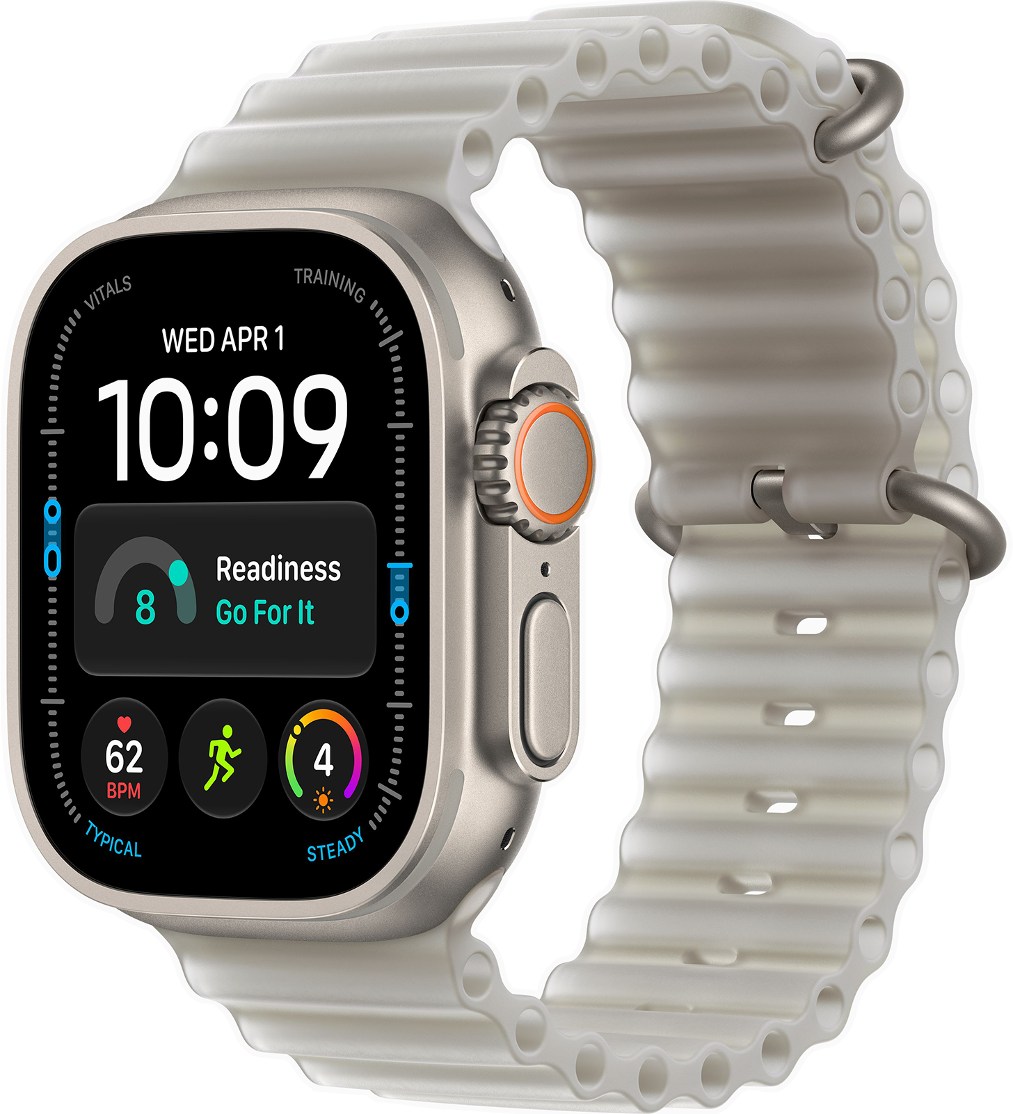 APPLE Watch Ultra 4 GPS+Cellular, 49mm-es natúr titántok, áttetsző szürke óceán szíj (MJAD4QH/A)