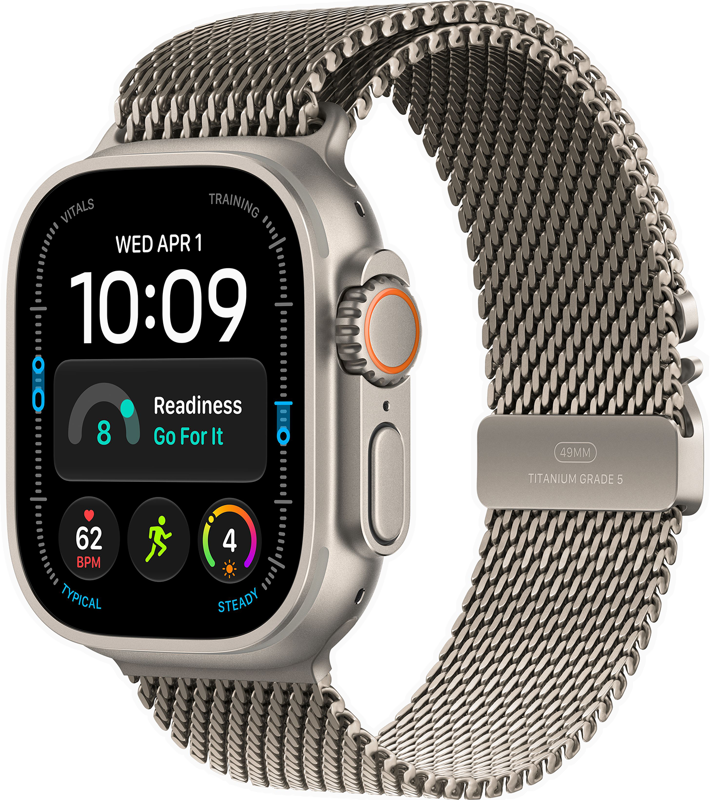 APPLE Watch Ultra 4 GPS+Cellular, 49mm-es natúr titántok, natúr titán milánói szíj, S (MJA84QH/A)