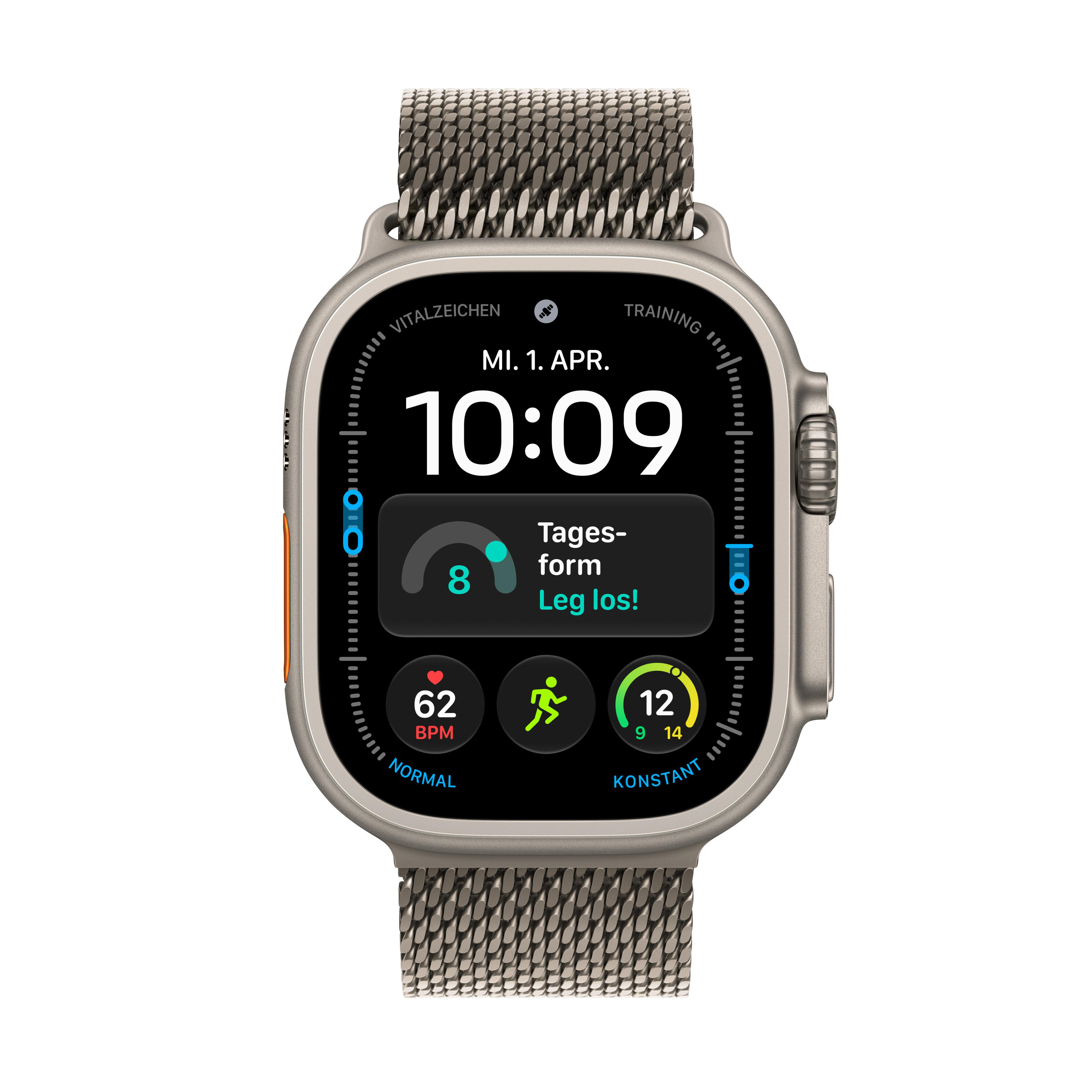Eine Apple Watch Ultra mit metallischem Milanaise-Armband und digitalem Zifferblatt.