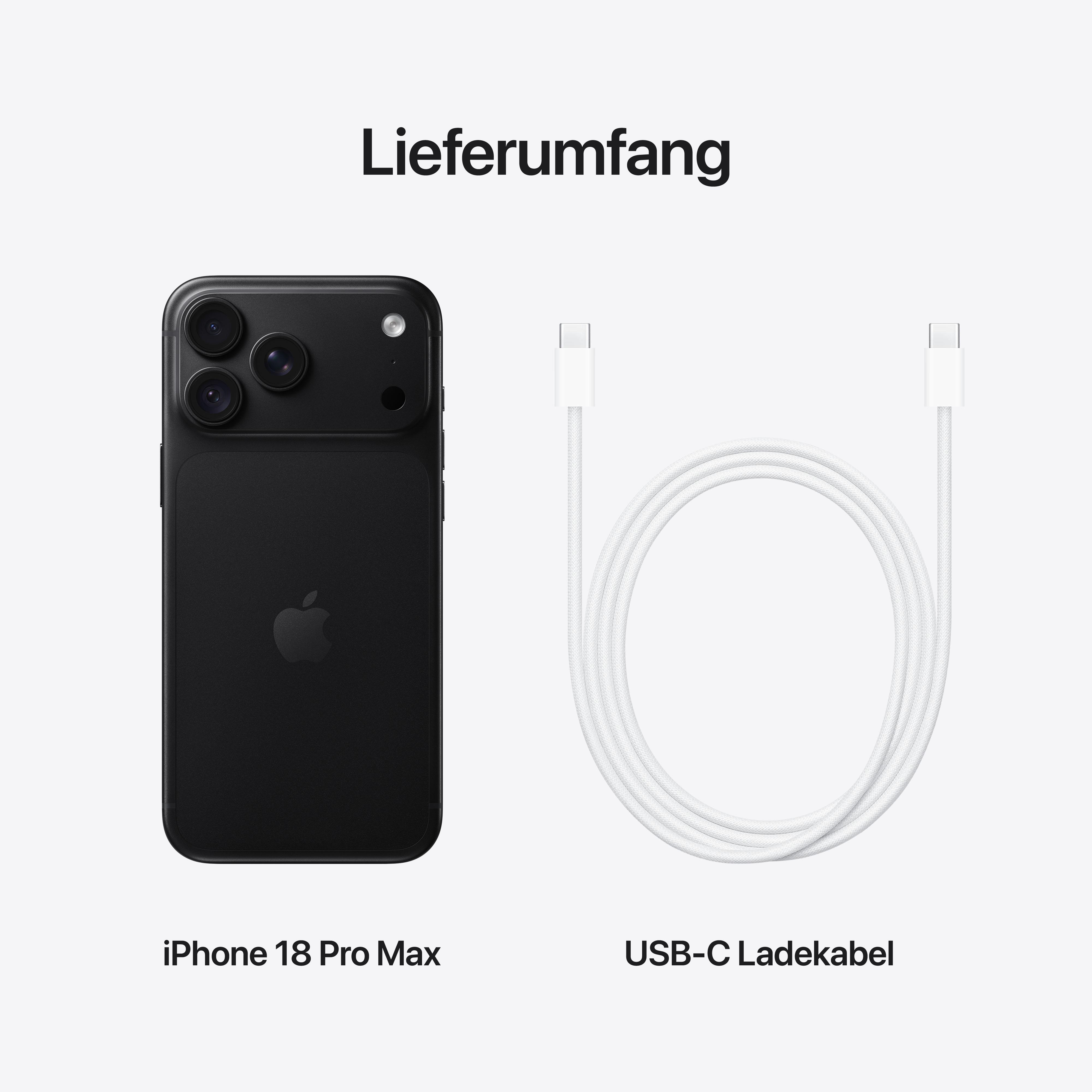 Lieferumfang: Ein schwarzes iPhone 18 Pro Max und ein weißes USB-C Ladekabel auf hellem Hintergrund.
