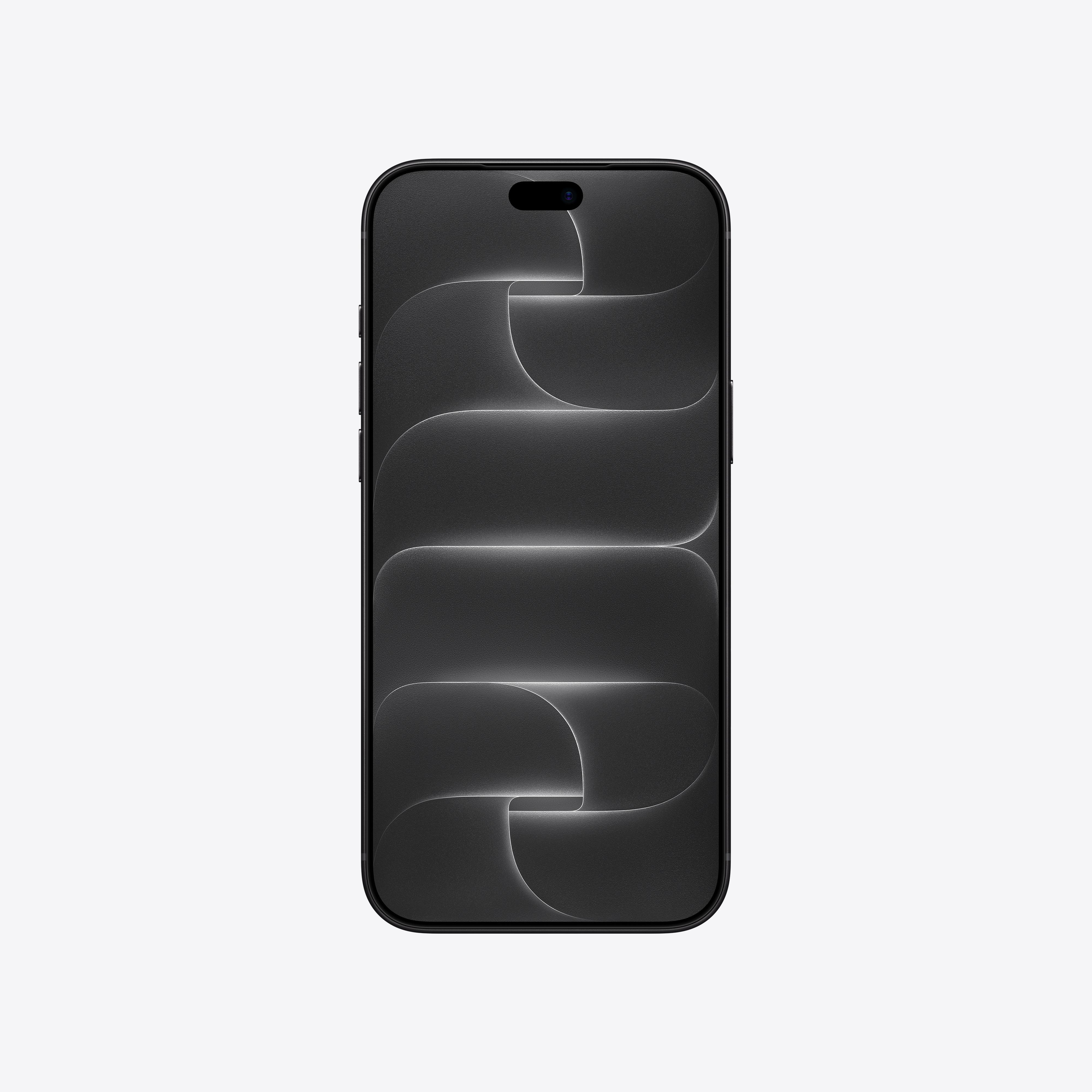 Ein schwarzes Smartphone zeigt einen abstrakten, dunklen Bildschirm mit geschwungenen weißen Linien auf weißem Hintergrund.