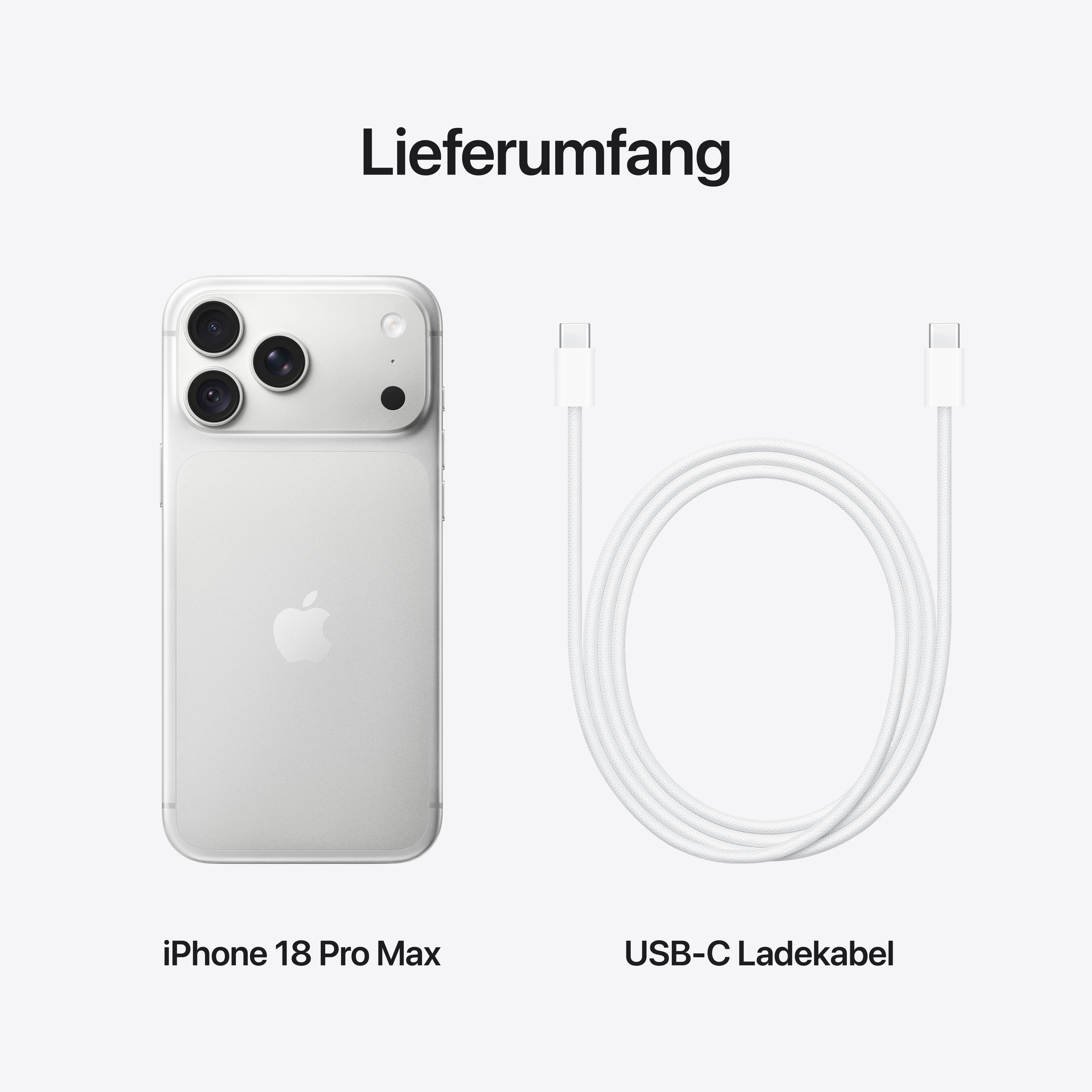 Lieferumfang: Ein silbernes iPhone 18 Pro Max und ein weißes USB-C-Ladekabel auf hellem Hintergrund.