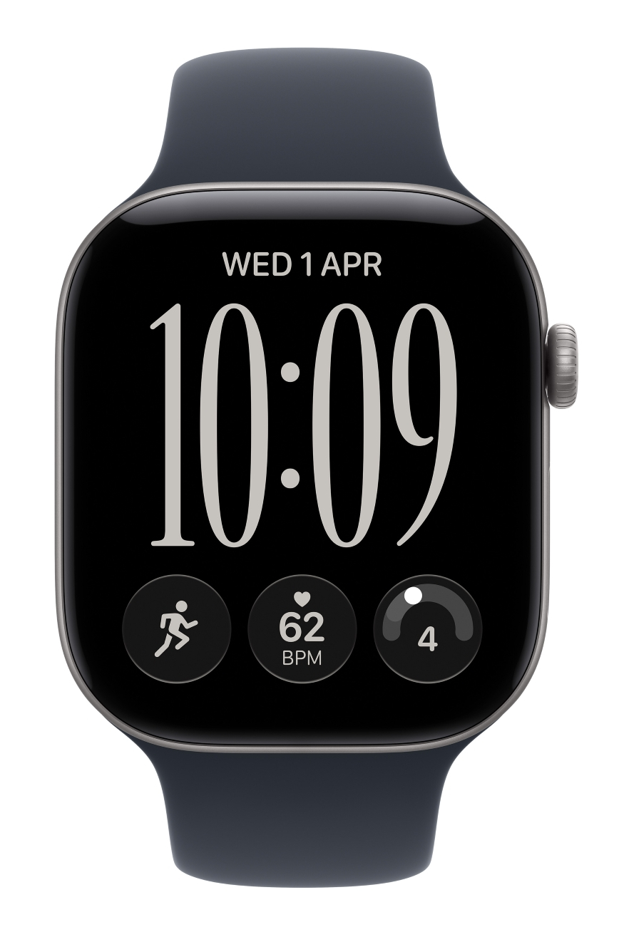 Czarny smartwatch z cyfrowym wyświetlaczem pokazującym godzinę 10:09, datę i statystyki fitness.