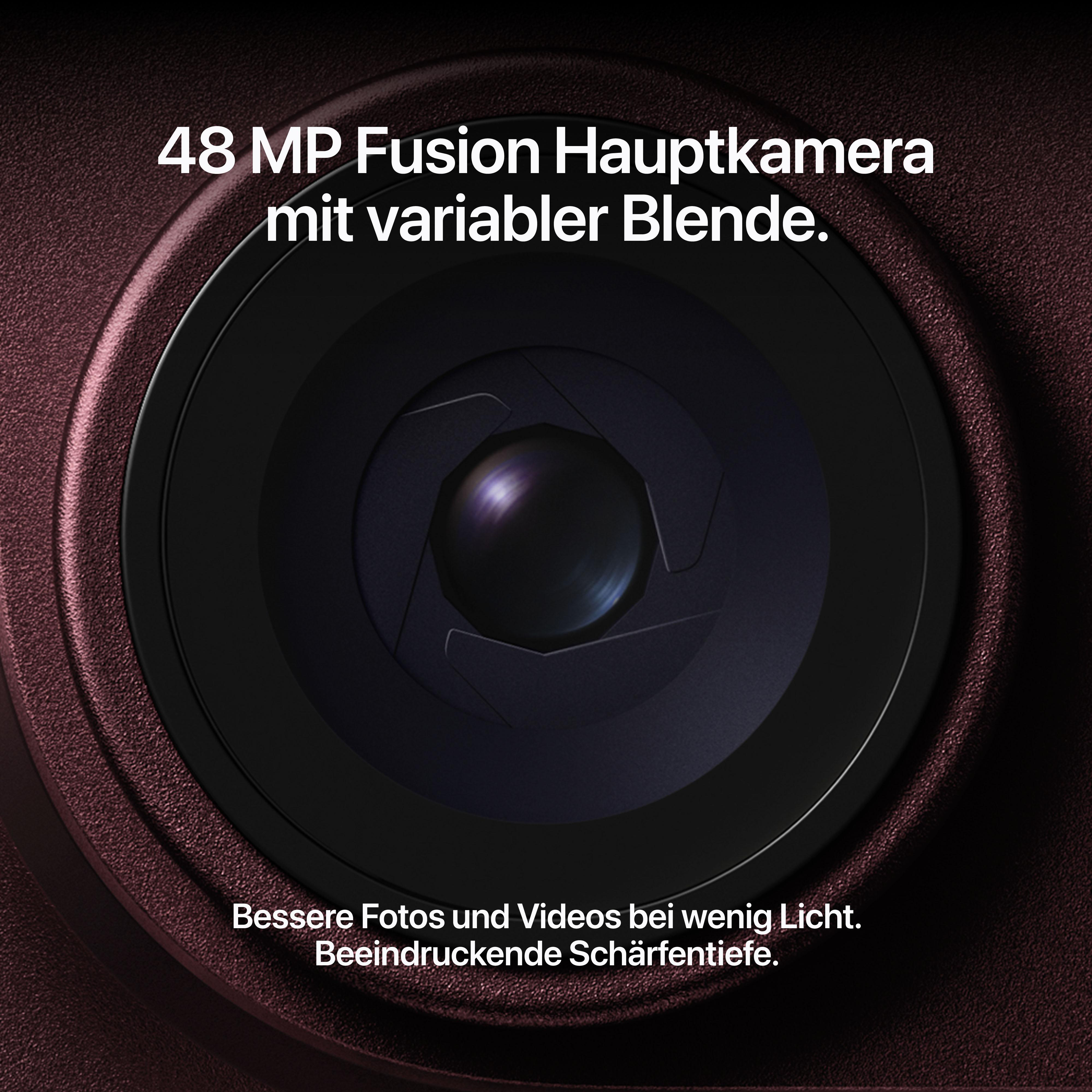 Nahaufnahme einer Smartphone-Kamera mit Text zur 48-MP-Fusion-Hauptkamera und variabler Blende.
