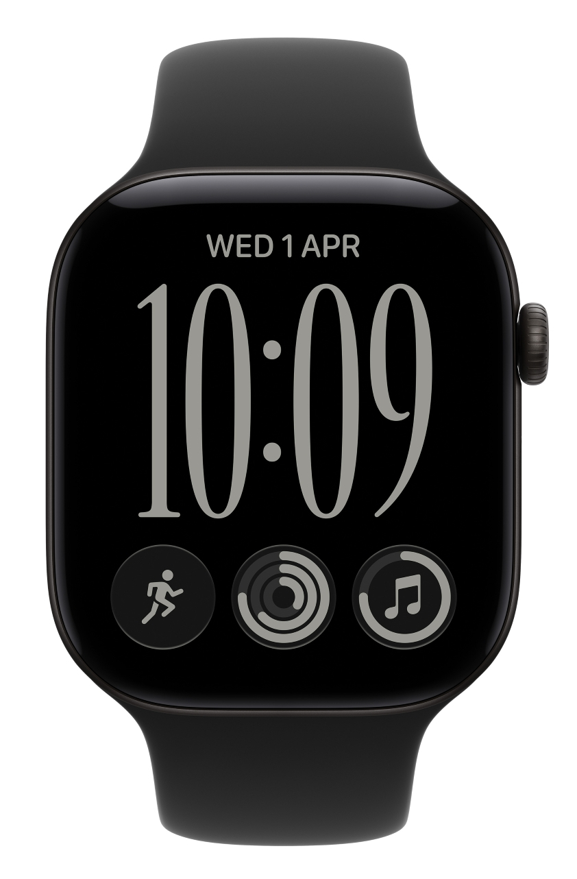 Czarny smartwatch z cyfrową tarczą pokazującą godzinę 10:09, datę oraz ikony aktywności, treningu i muzyki.
