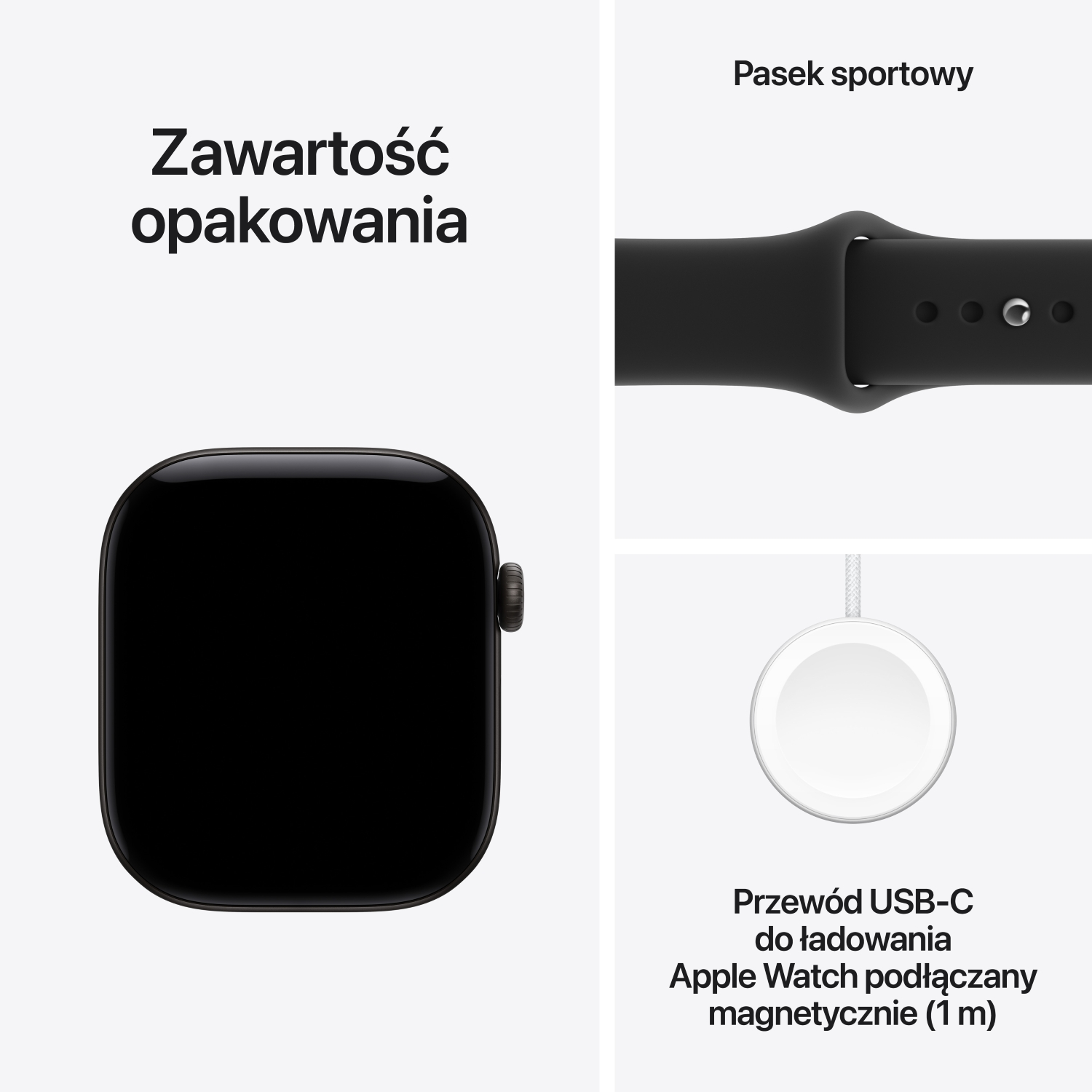 Zawartość opakowania przedstawiająca czarny smartwatch, czarny pasek sportowy i magnetyczny kabel ładujący USB-C.