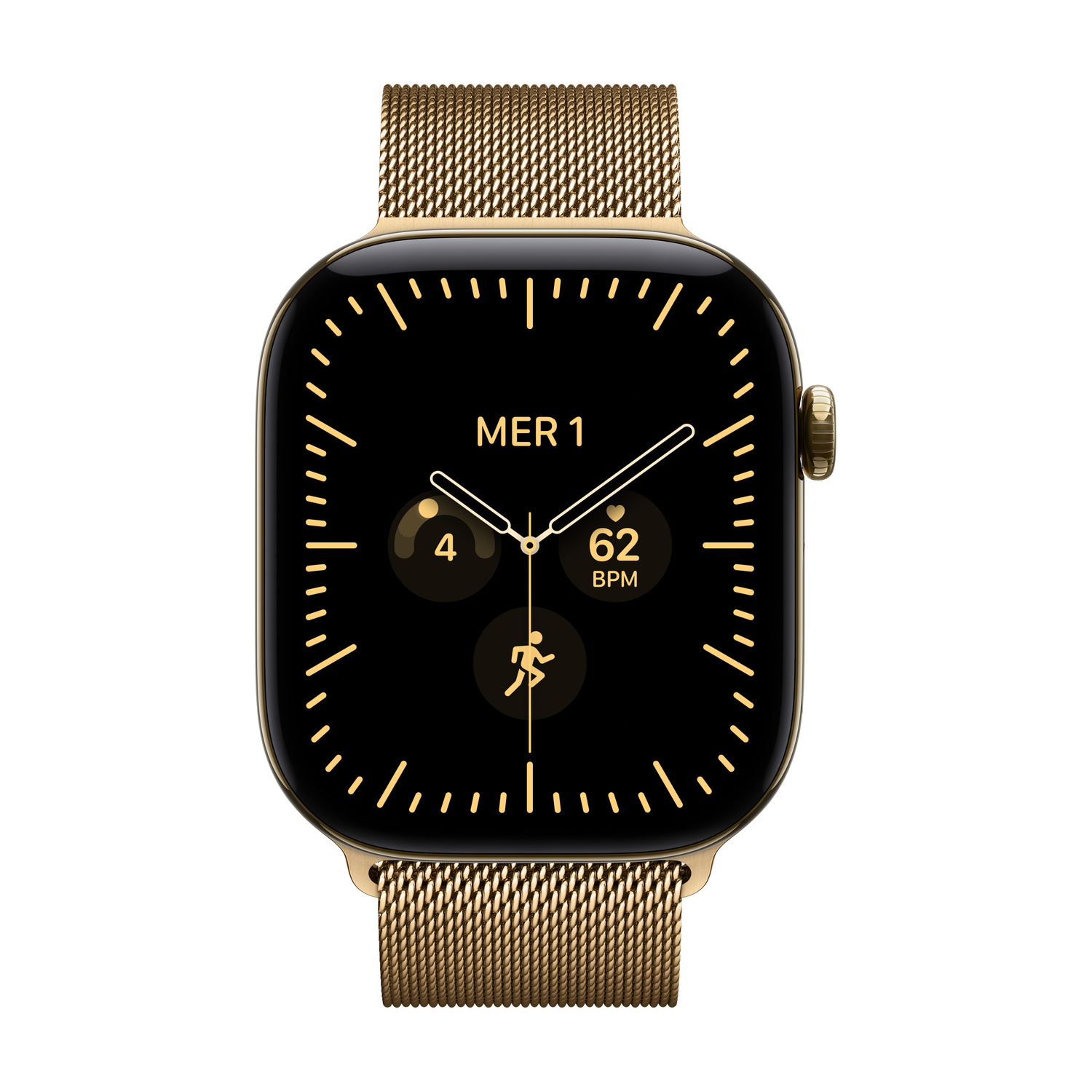 Uno smartwatch oro con cinturino milanese, display nero, dettagli dorati e dati di fitness.