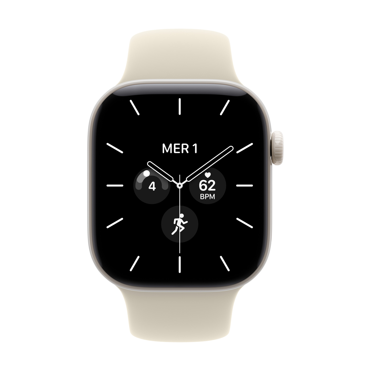 Uno smartwatch color crema con display nero mostra ora, frequenza cardiaca e dati di fitness.