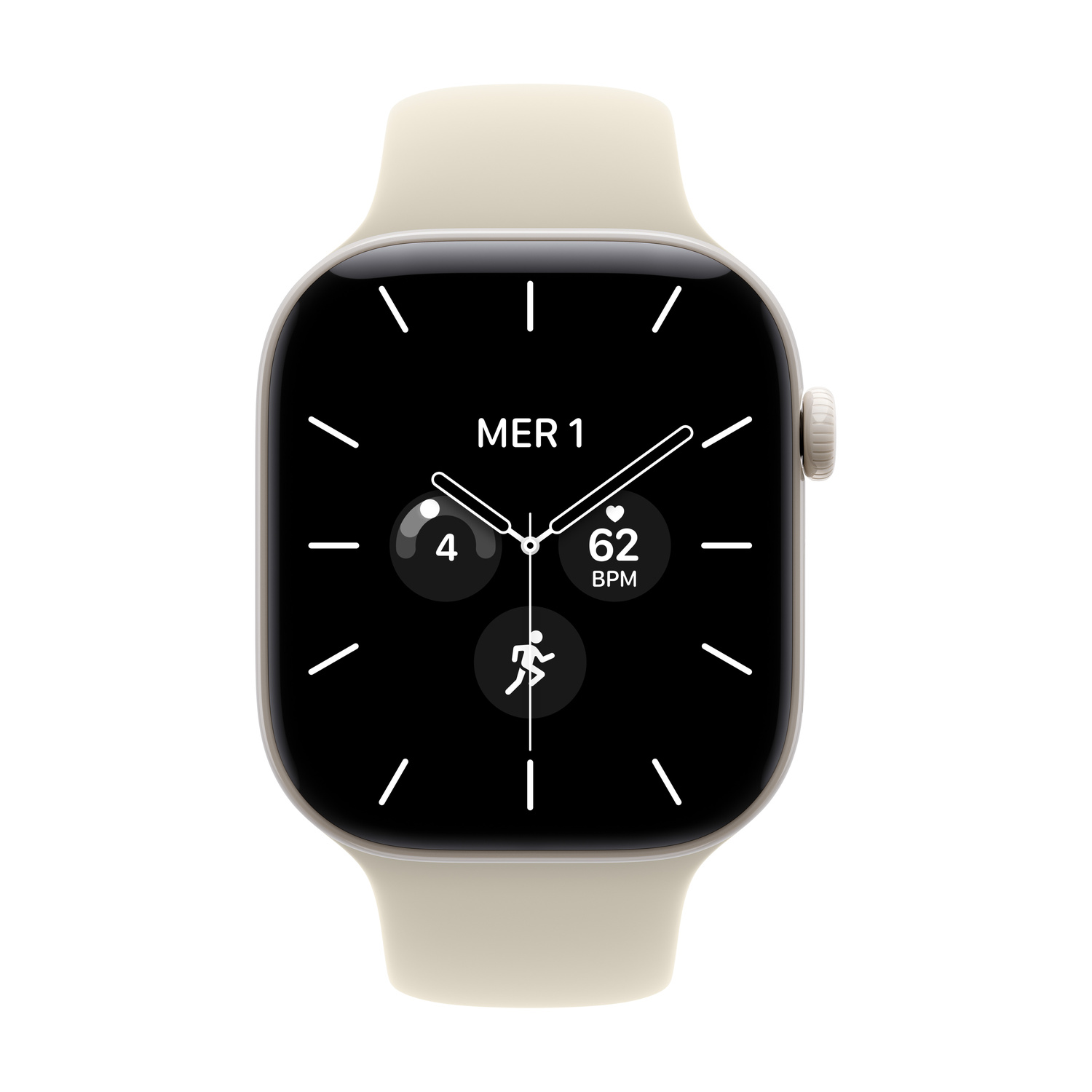 Smartwatch beige con schermo nero, lancette bianche e dati di fitness.