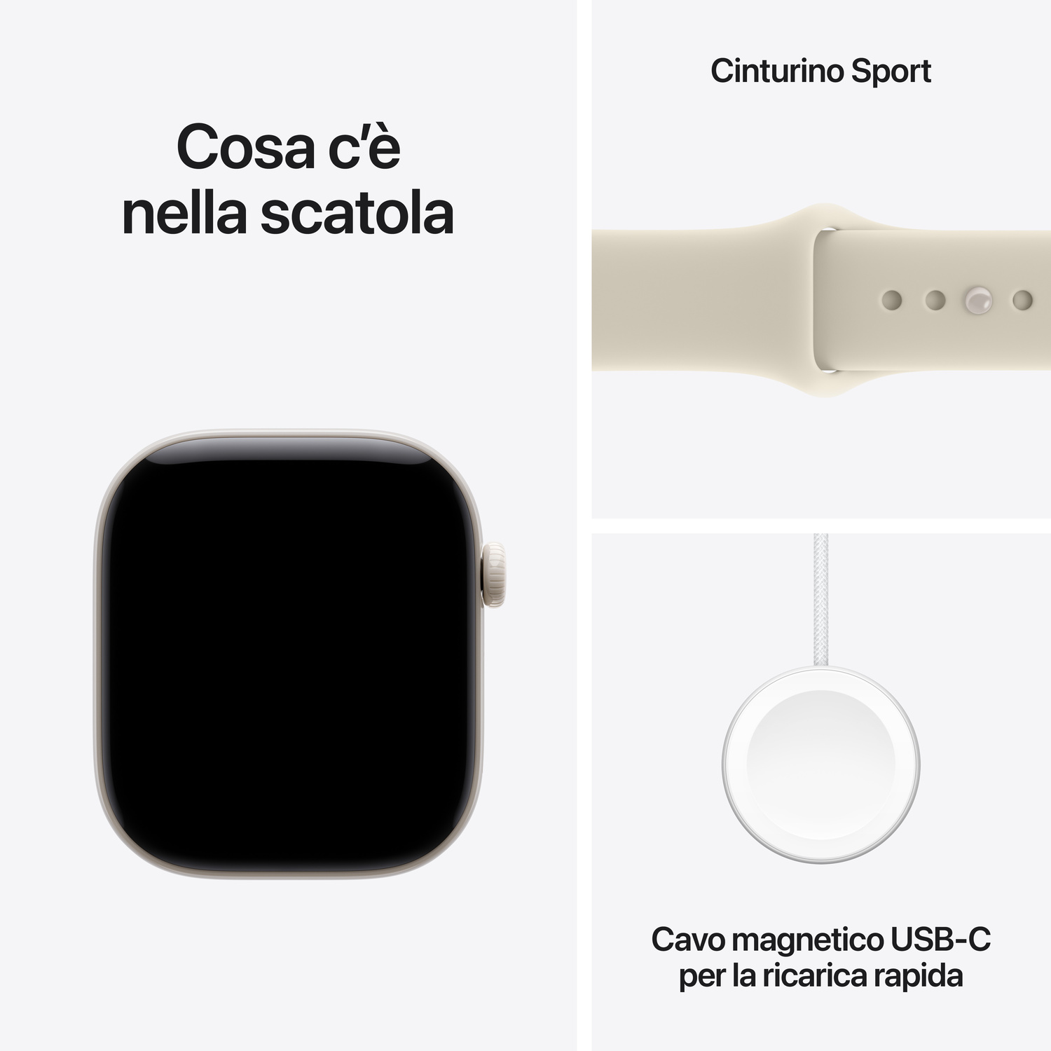 Contenuto della confezione: cassa di Apple Watch, cinturino sport e cavo magnetico USB-C su sfondo bianco.