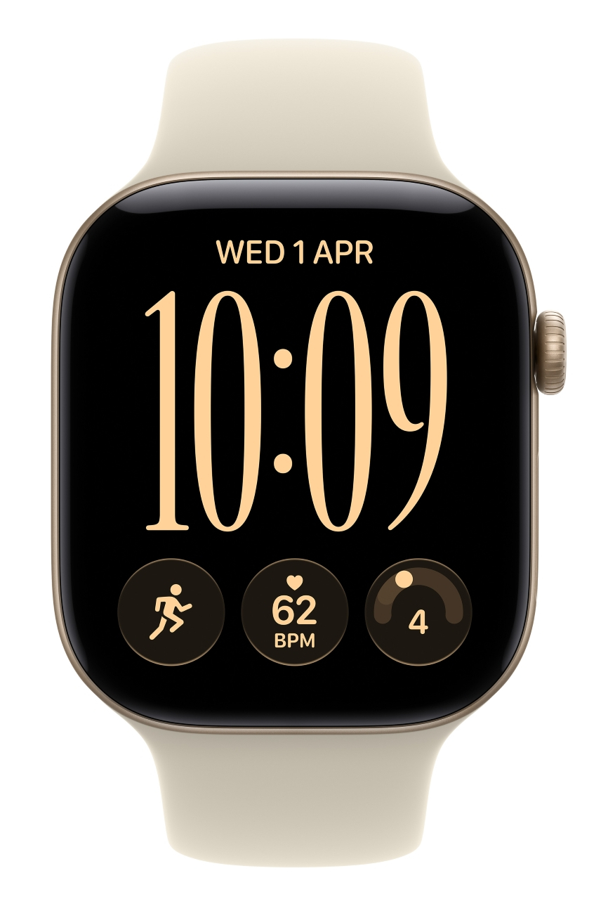 Kremowy smartwatch wyświetla datę, 10:09 oraz statystyki fitness na czarnym ekranie.