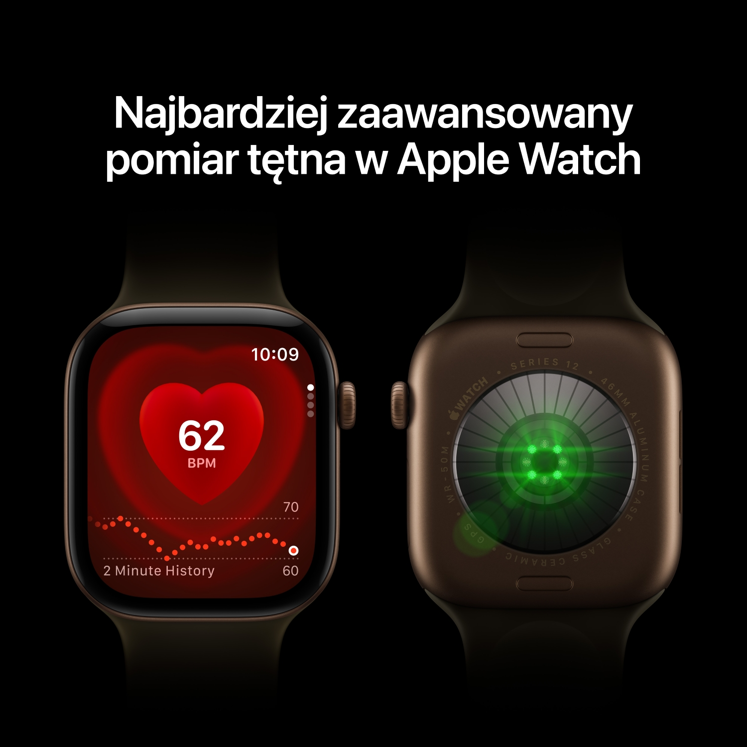 Dwa zegarki Apple Watch na czarnym tle pokazują ekran tętna 62 BPM z przodu i zielone czujniki z tyłu.