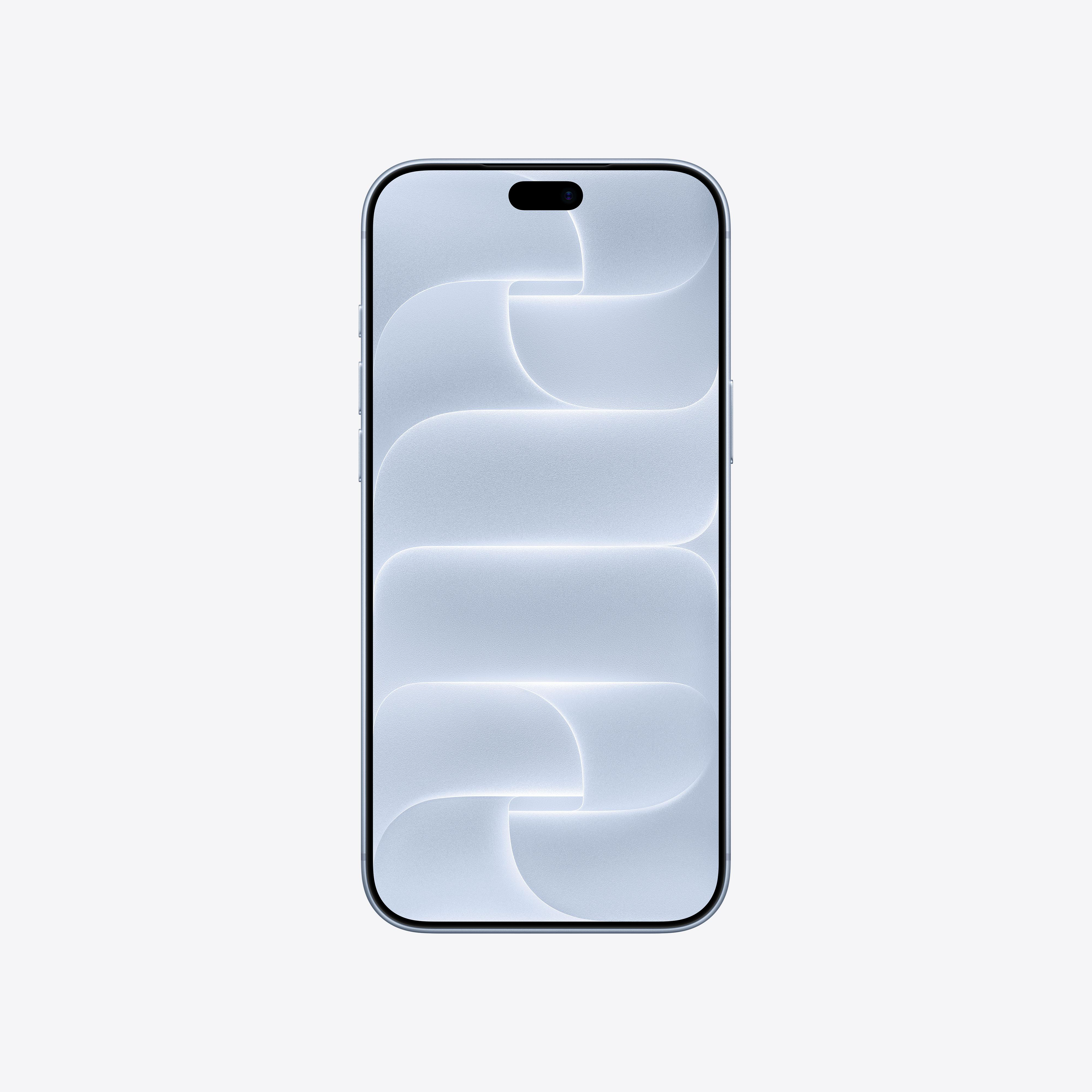 Ein Smartphone mit hellblauem, strukturiertem abstrakten Hintergrund auf dem Bildschirm, weißer Hintergrund.