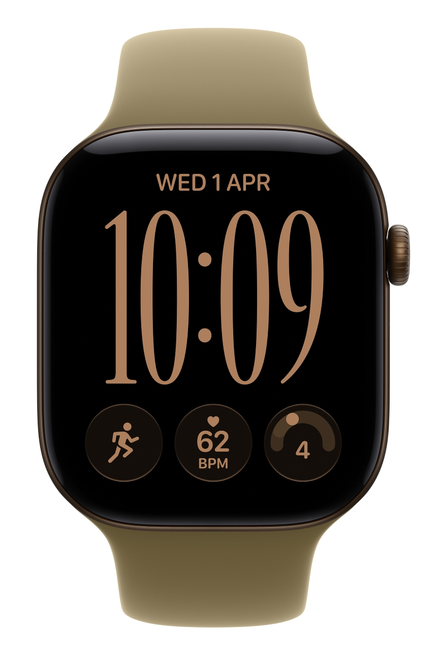 Beżowy smartwatch wyświetlający godzinę 10:09, środę, 1 kwietnia i dane o aktywności.