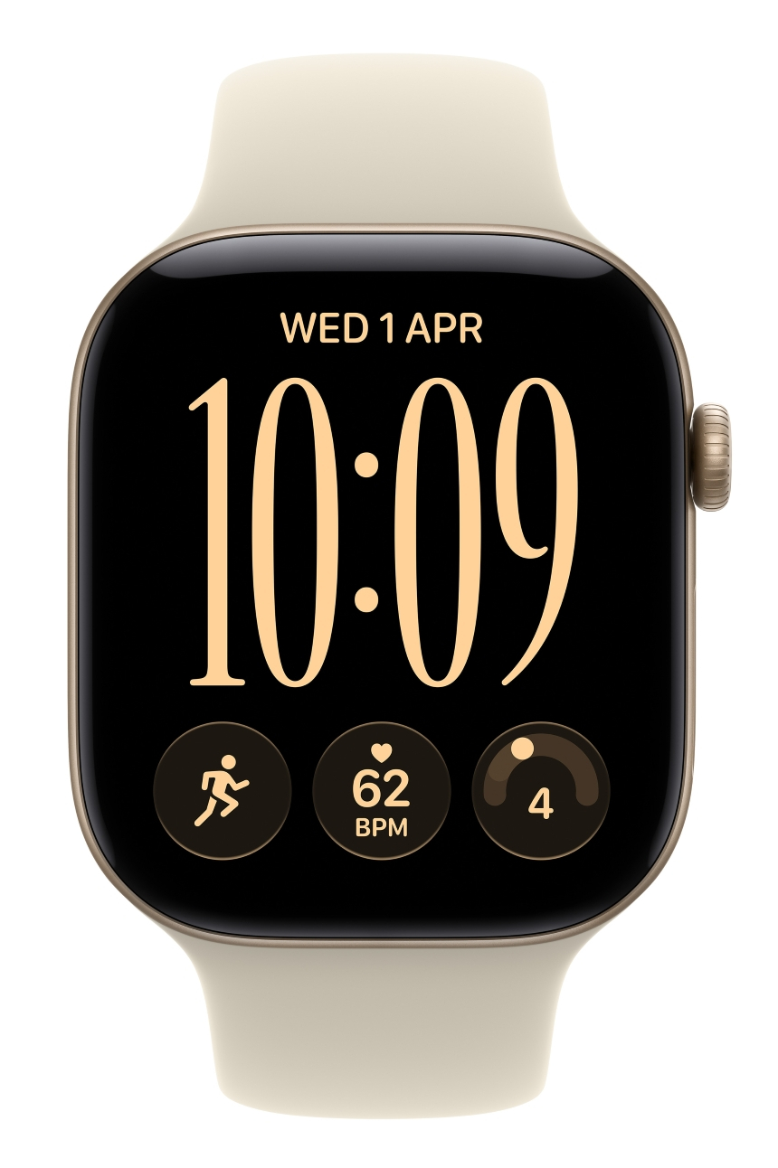 Kremowy smartwatch pokazuje godzinę 10:09, datę, tętno i ikony fitnessu na czarnym ekranie.