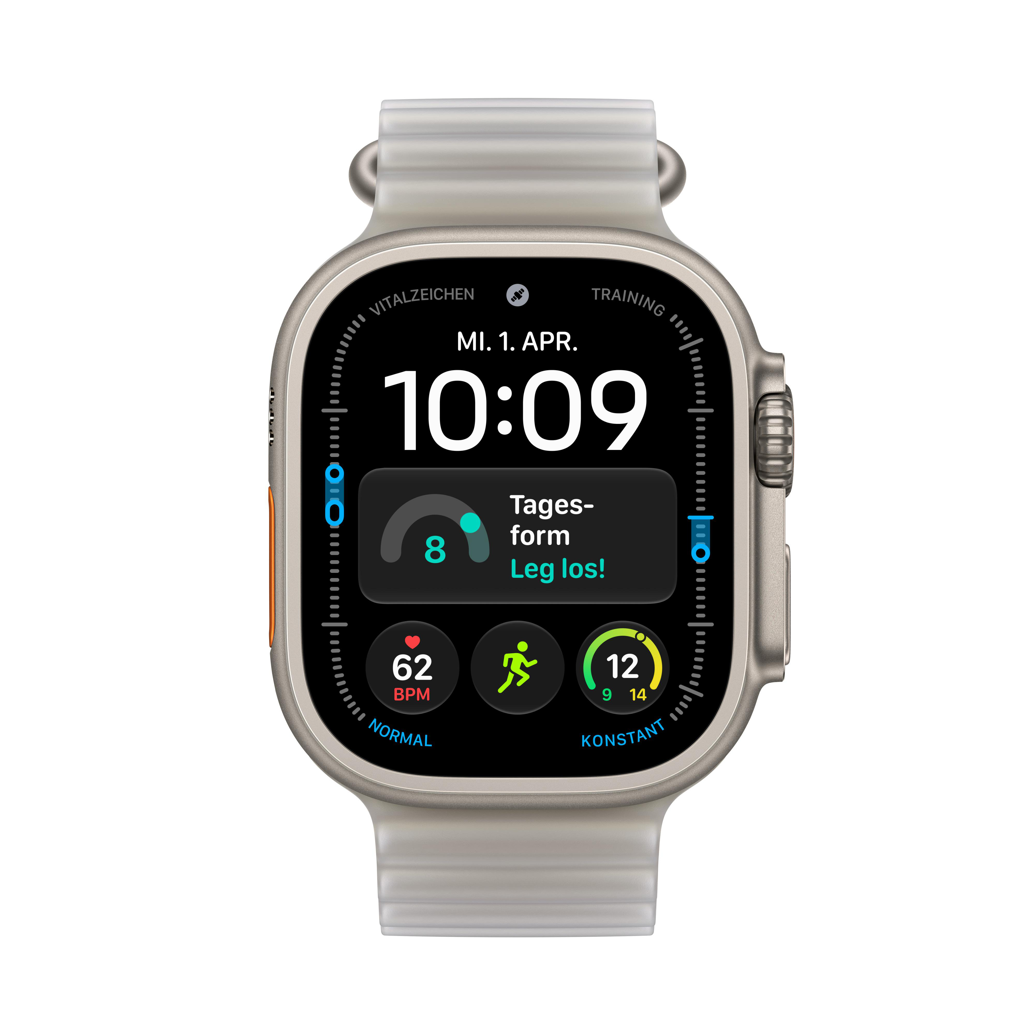 Eine silberne Smartwatch mit grauem Armband, digitalem Zifferblatt, Uhrzeit 10:09, Herzfrequenz und Aktivitätsdaten.