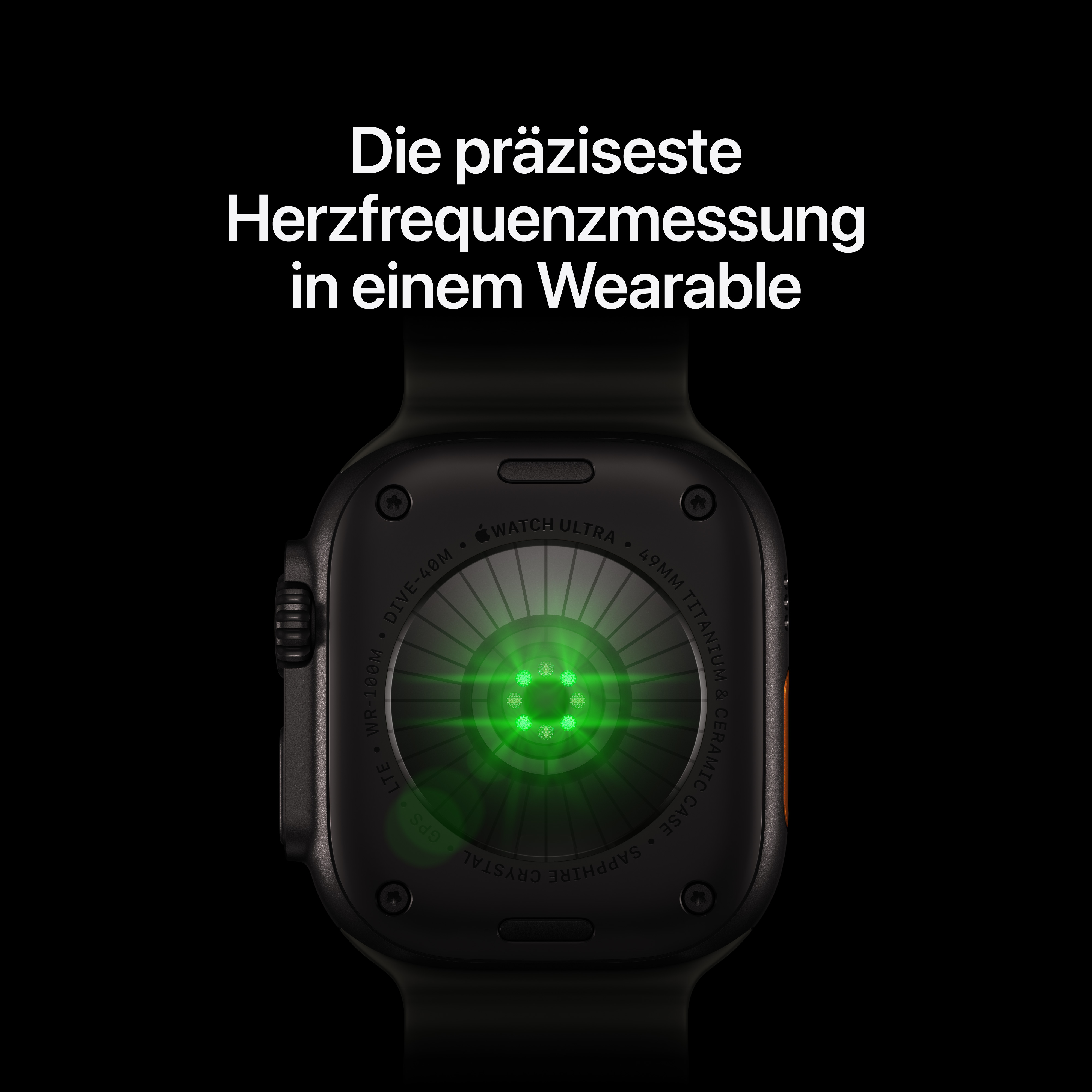 Rückseite einer Apple Watch Ultra mit grünem Licht für Herzfrequenzmessung und deutscheem Werbetext.