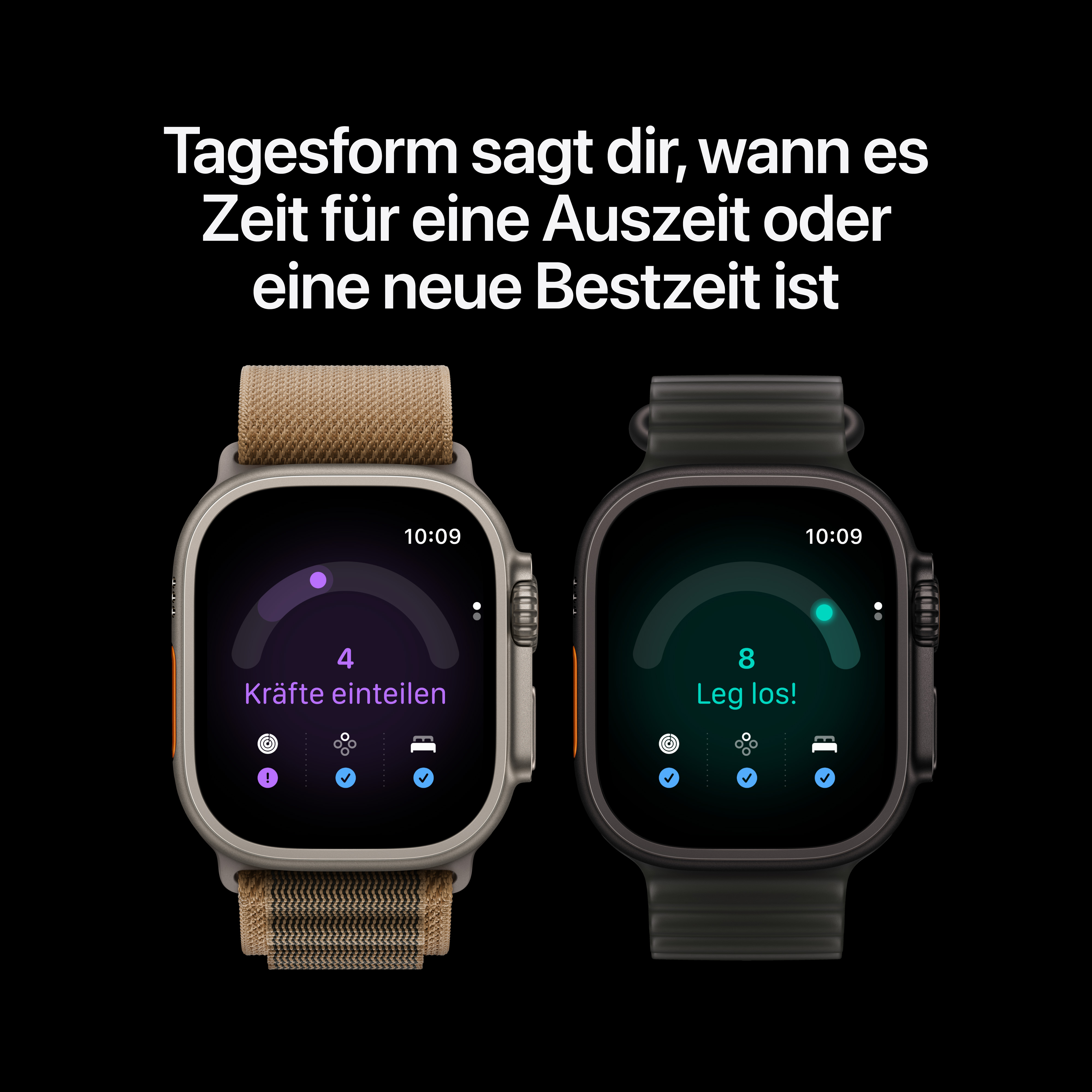Zwei Smartwatches auf schwarzem Hintergrund mit German Text darüber.