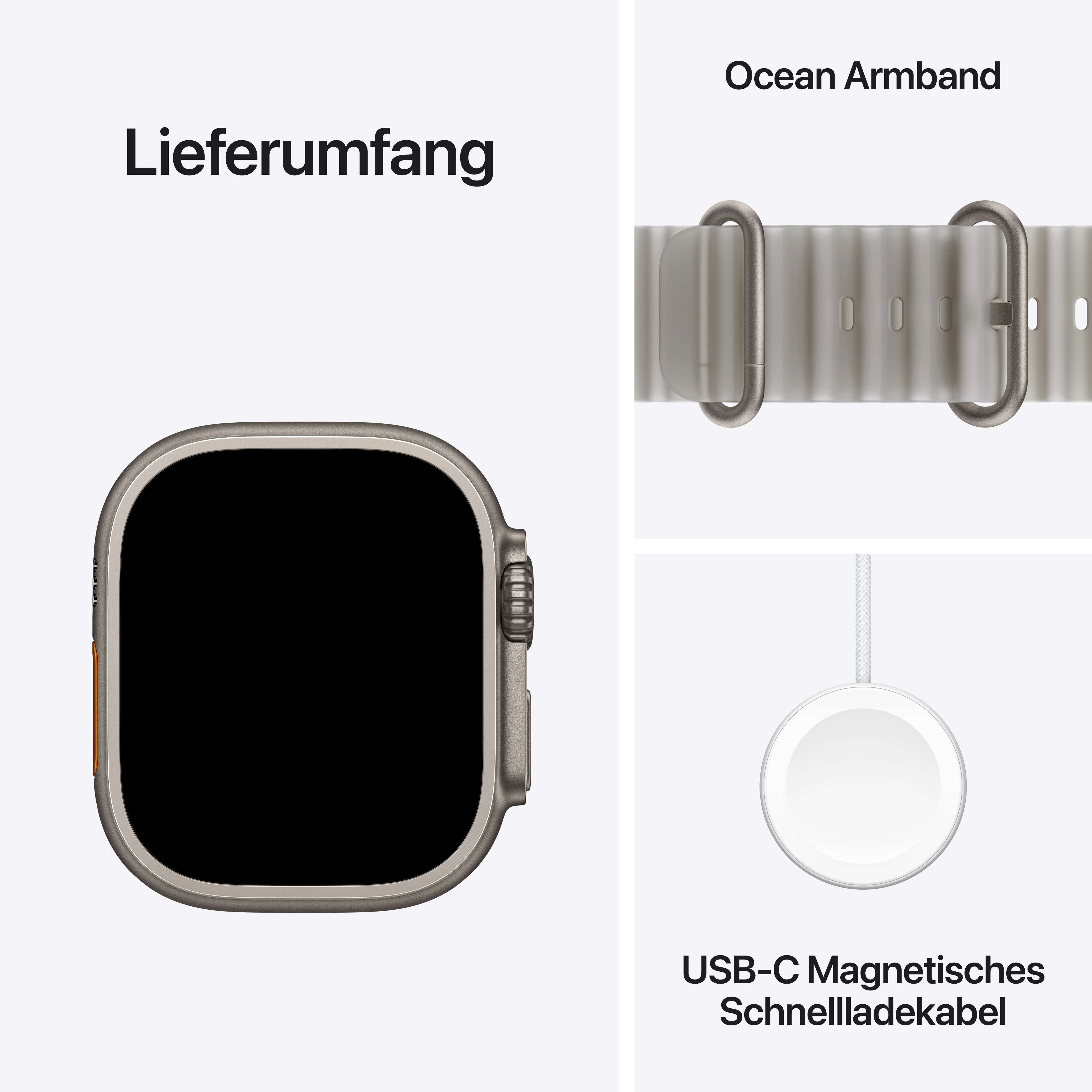 Lieferumfang: Smartwatch, Ocean Armband und USB-C Magnetisches Schnellladekabel.
