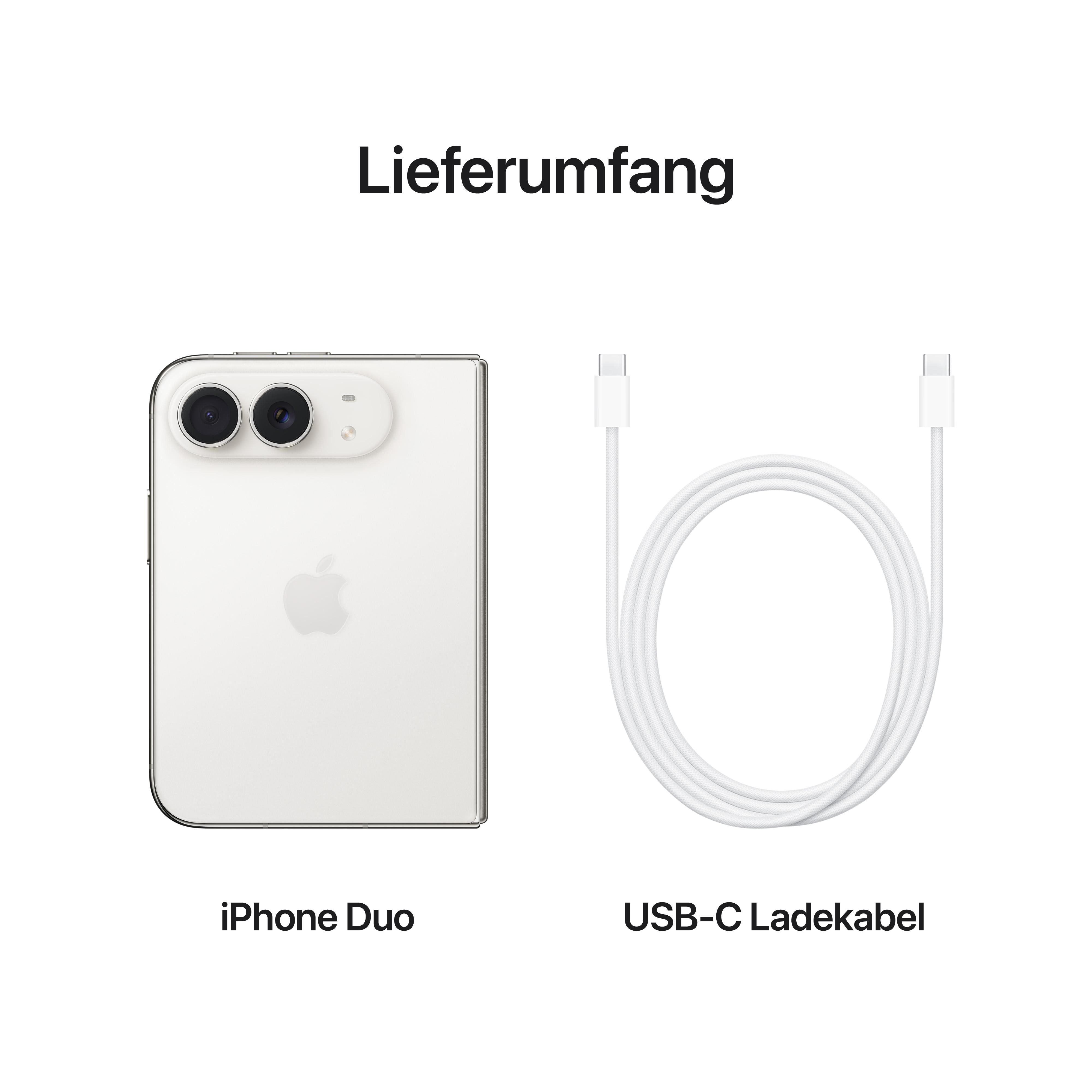 Lieferumfang mit einem weißen iPhone Duo Smartphone und einem weißen USB-C Ladekabel.