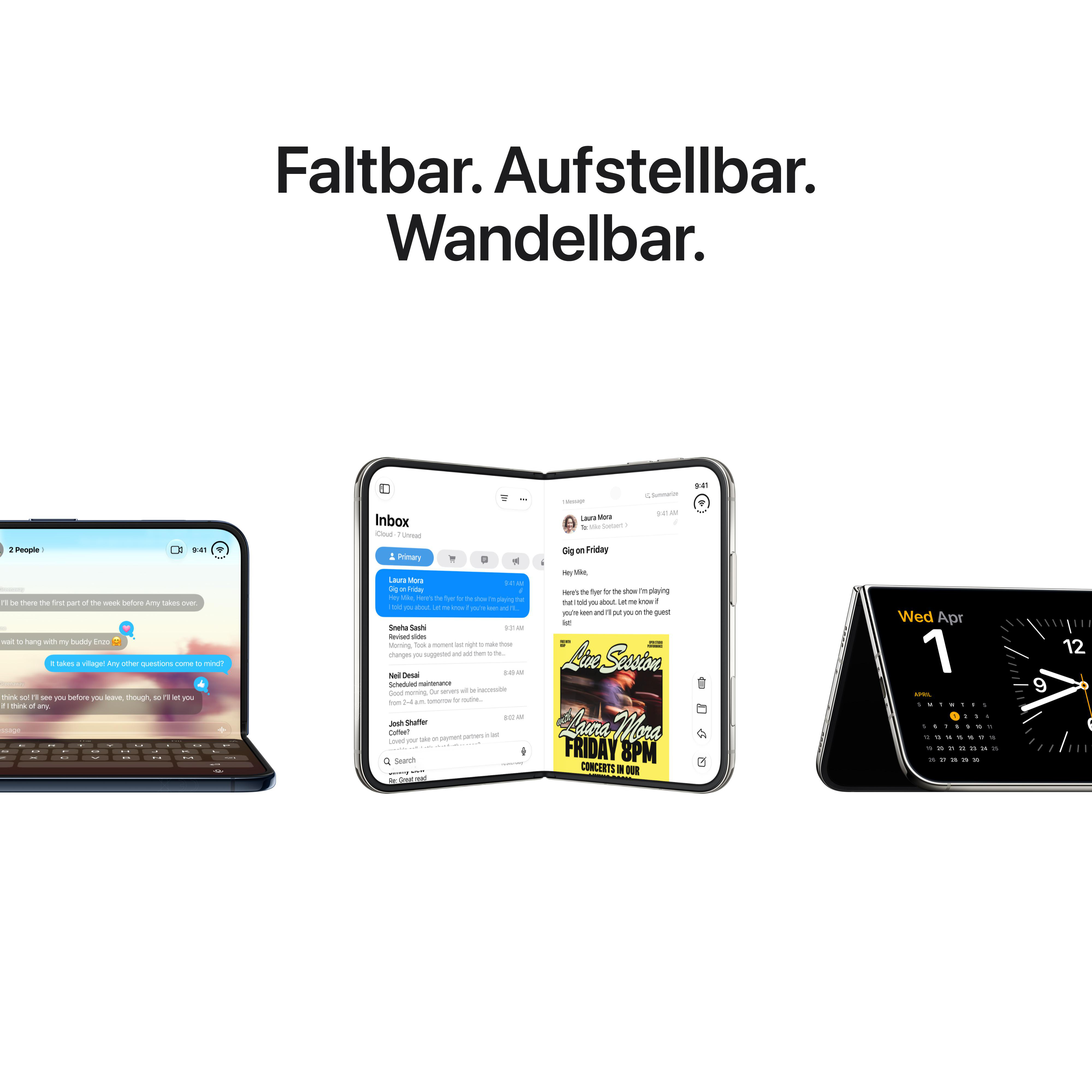 Drei Ansichten eines faltbaren Smartphones zeigen Apps wie Nachrichten, E-Mail und einen Kalender.