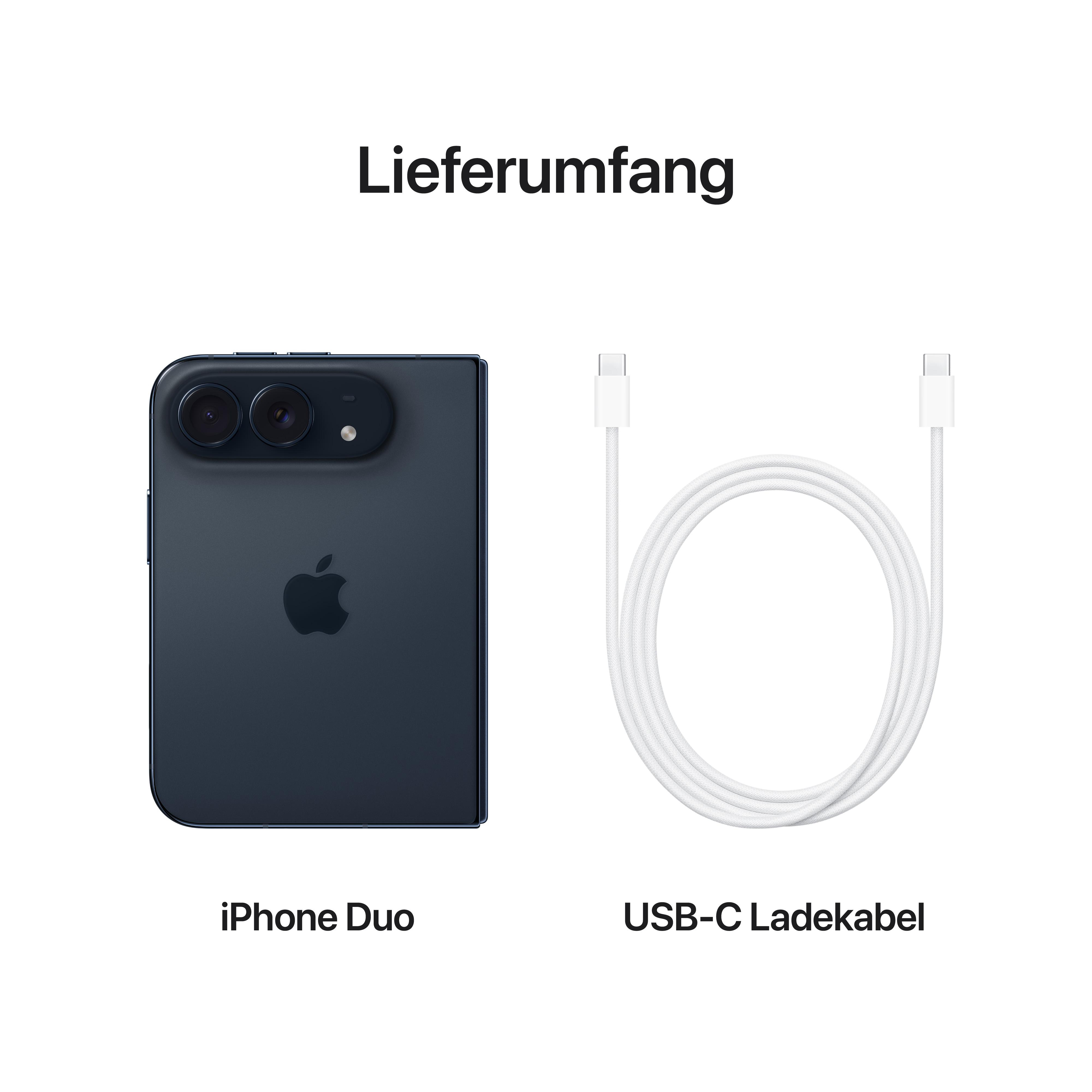 Lieferumfang mit iPhone Duo in Dunkelblau und einem weißen USB-C Ladekabel auf weißem Hintergrund.