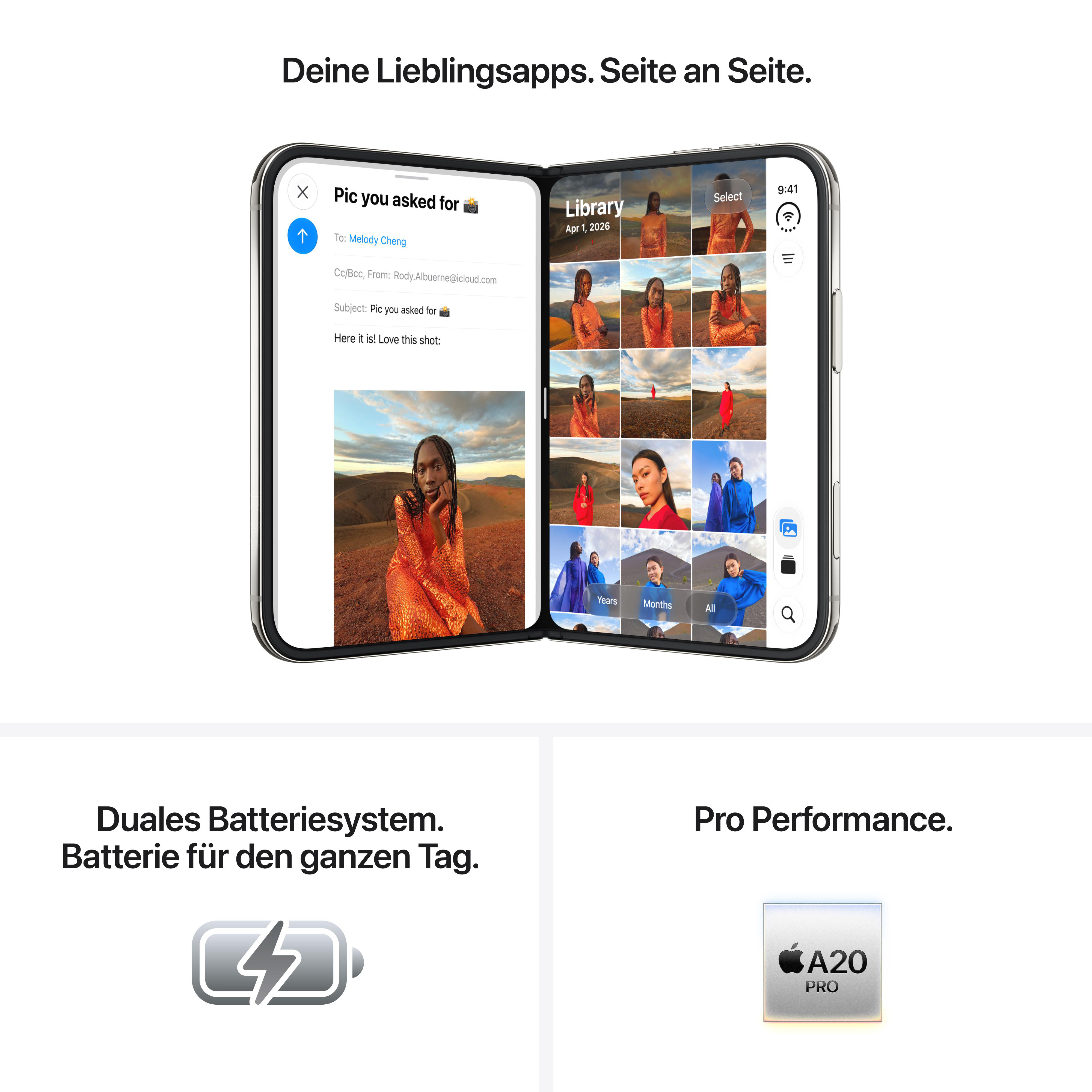 Ein faltbares Smartphone mit Foto-Galerie, E-Mail-App sowie Symbolen für Batterie und den A20 Pro Chip.