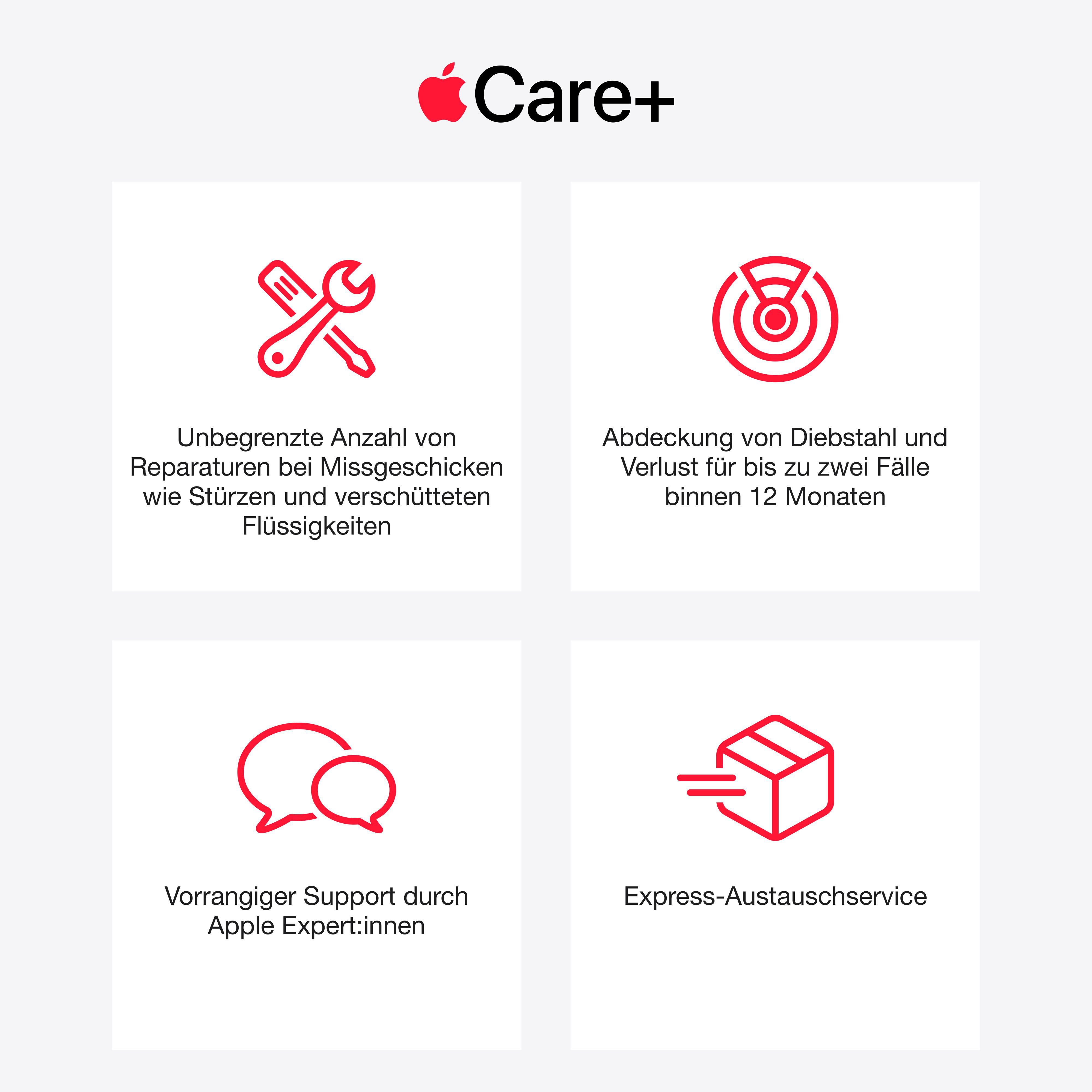 AppleCare+ Serviceübersicht mit Symbolen für Reparaturen, Diebstahlschutz, Support und Express-Austausch.