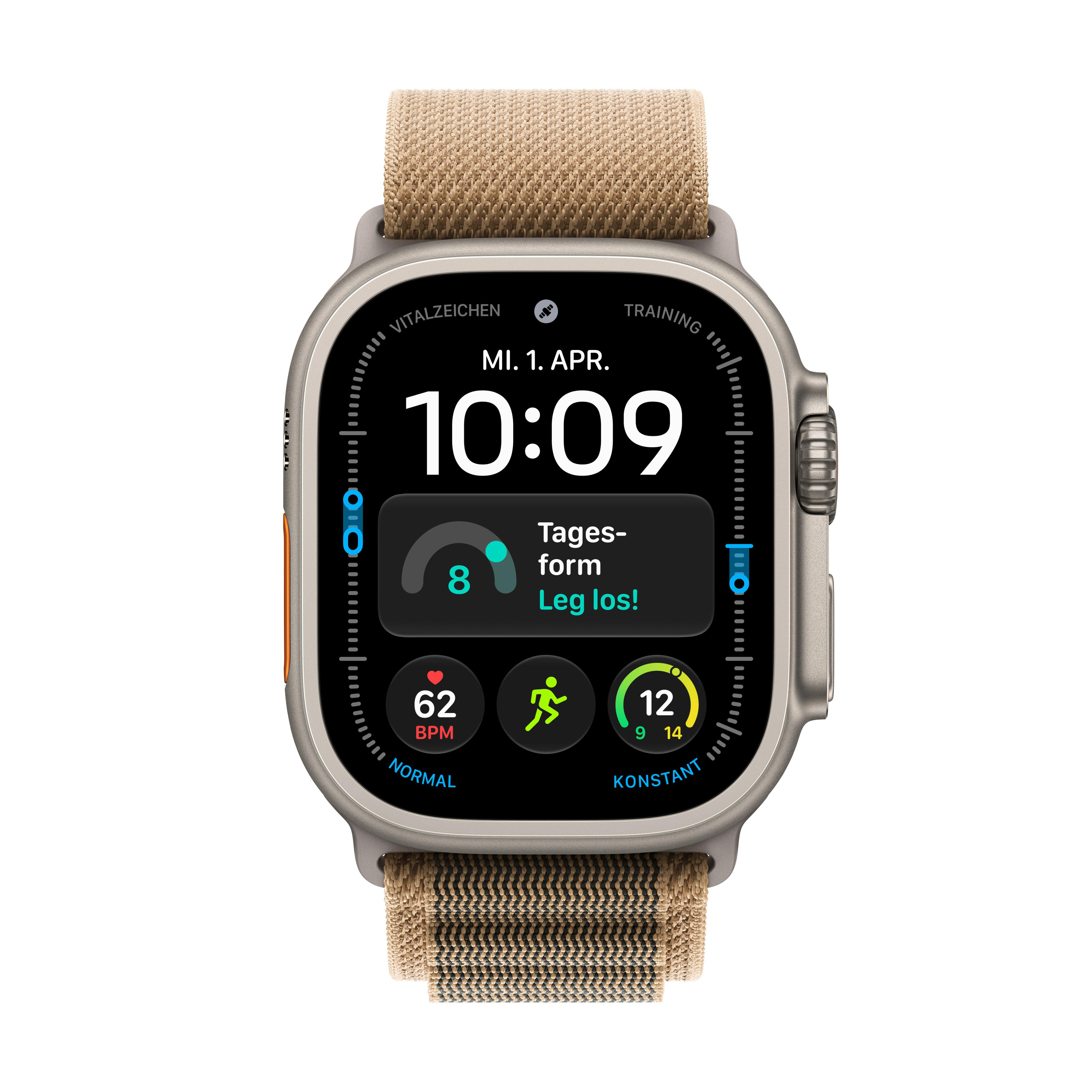 Eine Smartwatch mit beigem Stoffarmband zeigt die Uhrzeit 10:09 und verschiedene Fitness-Messwerte auf dem Display.