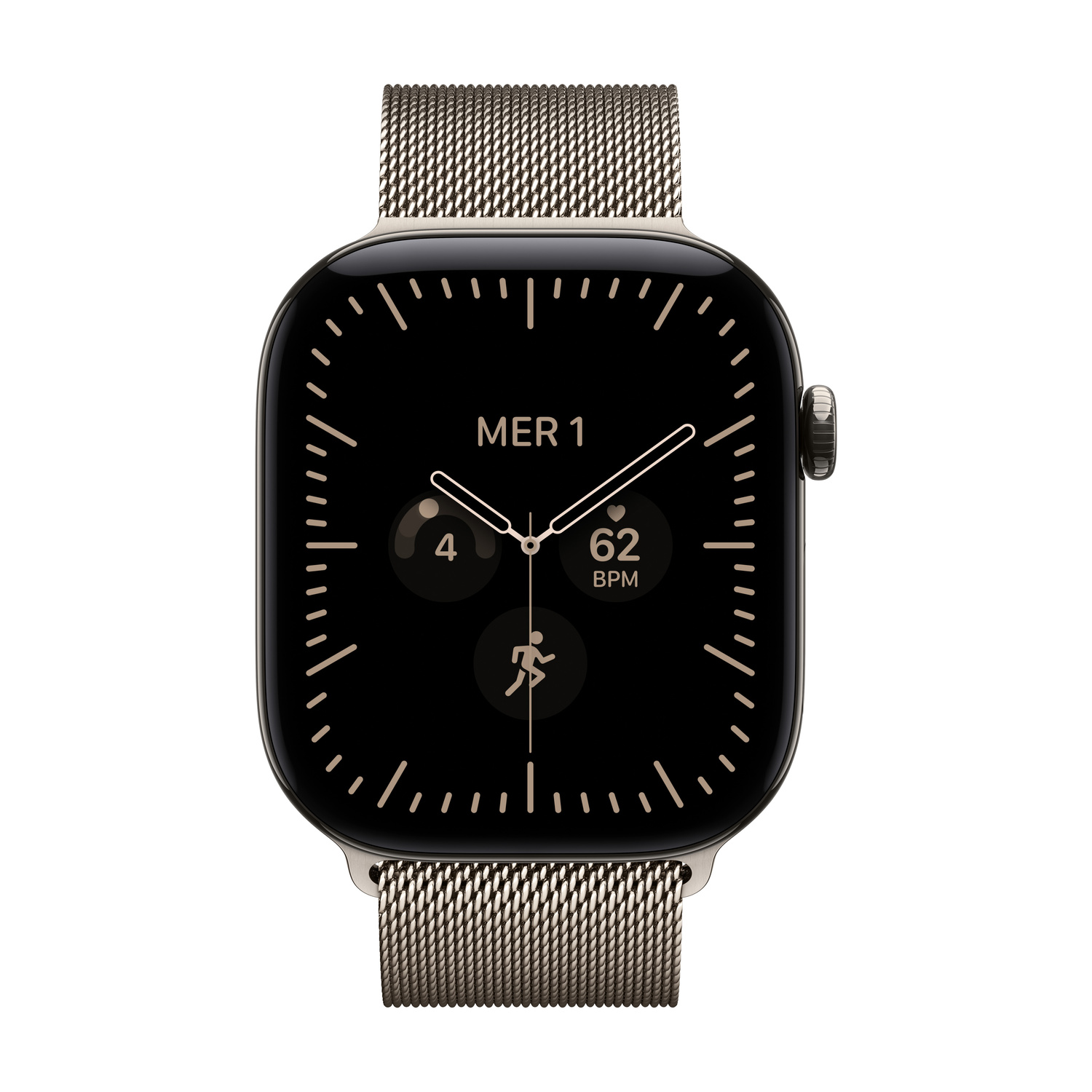 Uno smartwatch con schermo nero, lancette argentate e cinturino in metallo intrecciato su sfondo bianco.